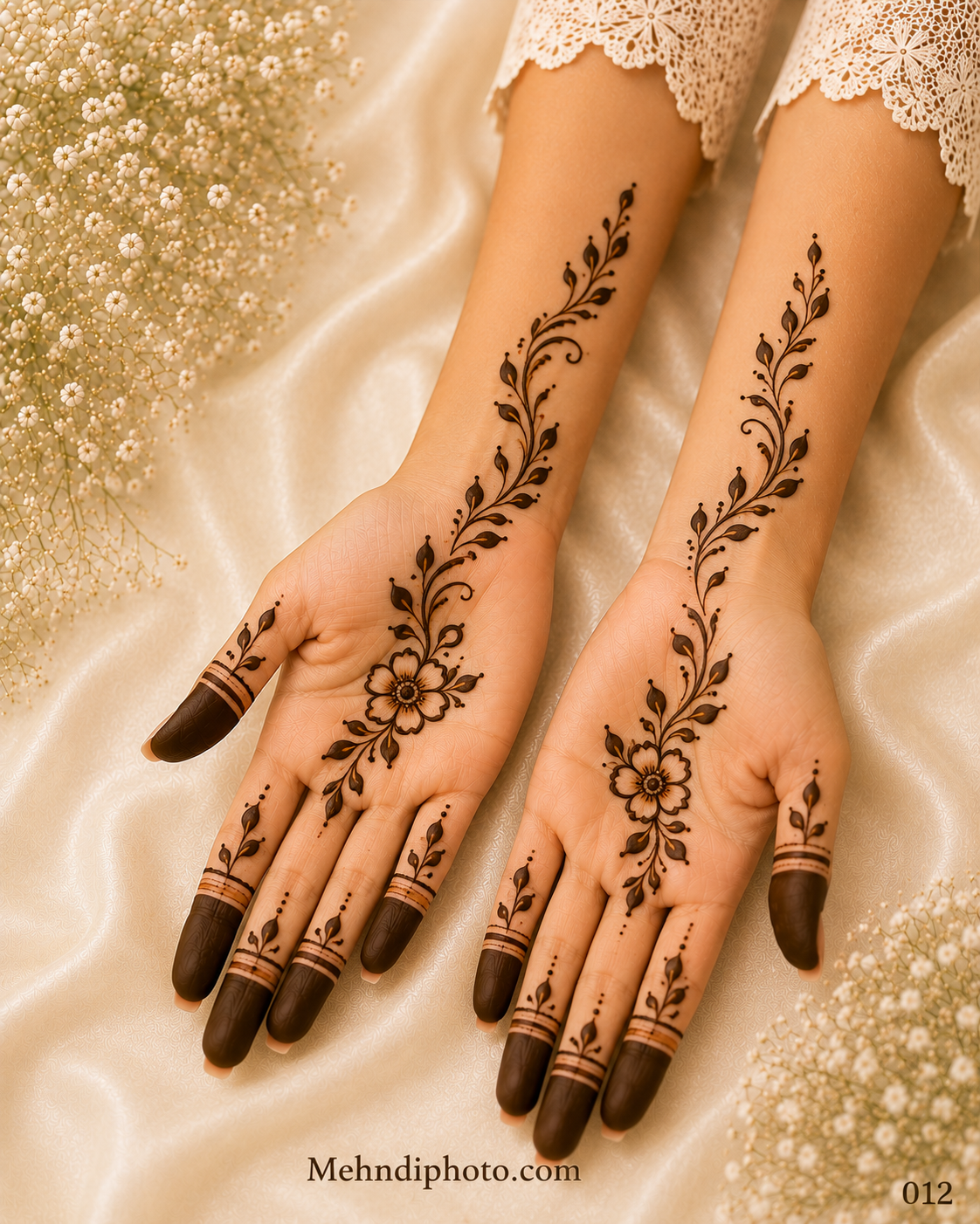 Simple flower vine front hand mehndi design with elegant floral pattern and leafy vine extending from palm to forearm, perfect easy Indian mehndi for girls and women.