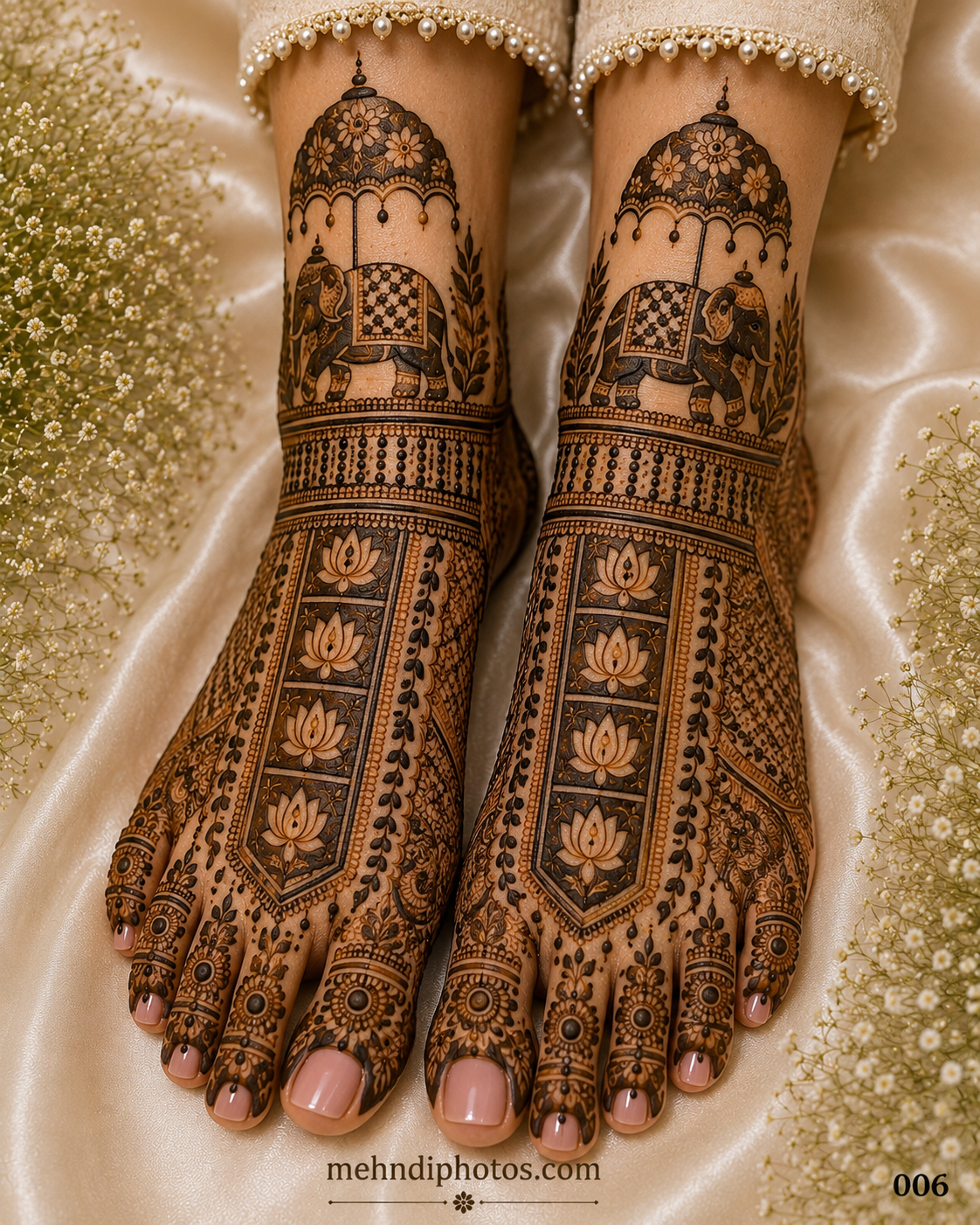 Royal bridal foot mehndi design on both feet featuring decorated elephants, floral umbrellas, vertical lotus panels, leafy borders and detailed toe motifs.