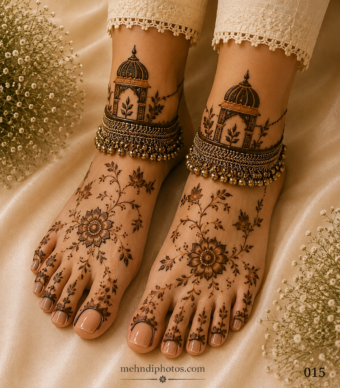 Elegant foot mehndi design featuring floral patterns, leafy vines, royal palace dome motifs, and simple traditional henna artwork on both feet.