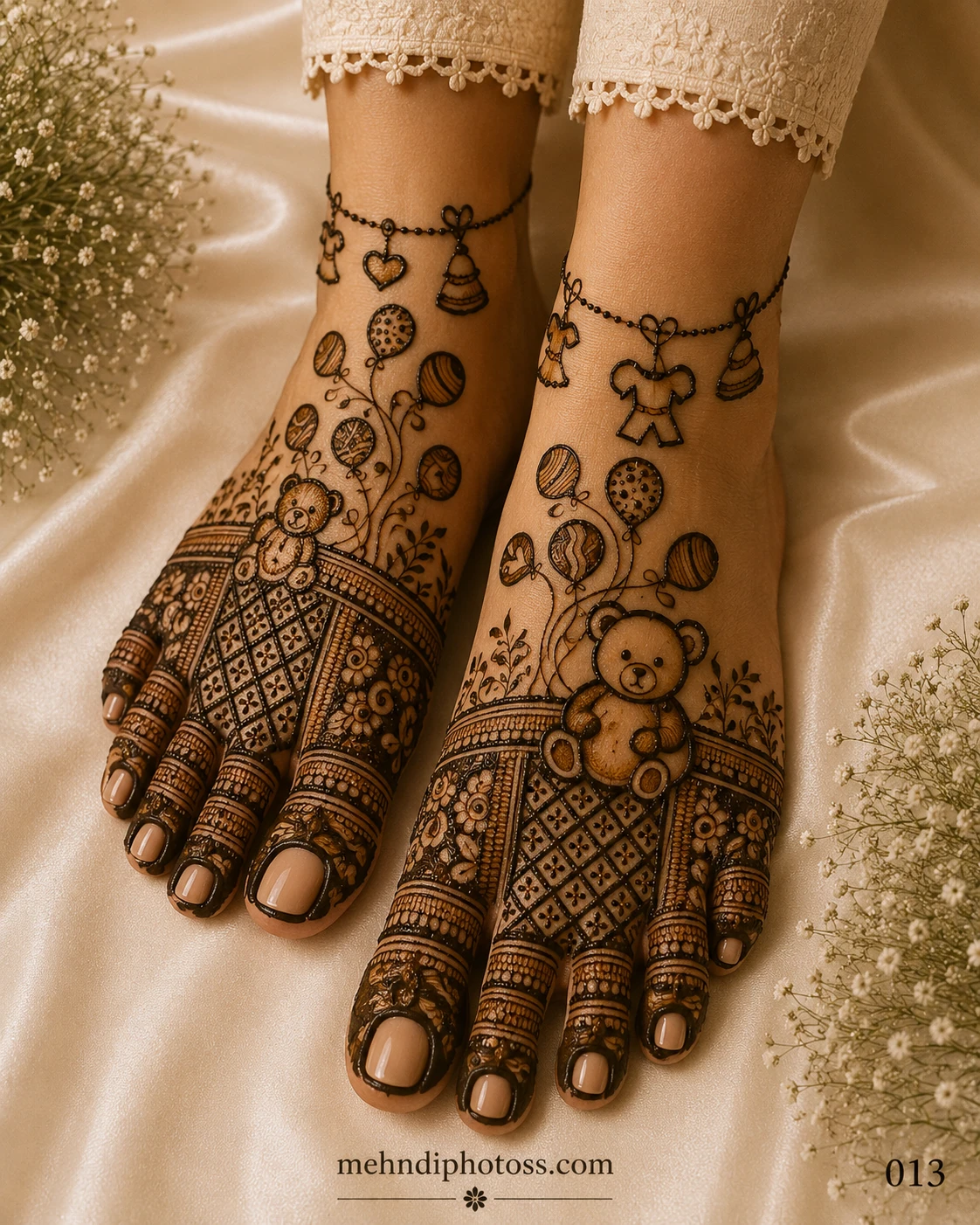 Cute baby shower foot mehndi design featuring teddy bears, balloons, baby clothing charms, floral patterns, and intricate henna artwork on both feet.