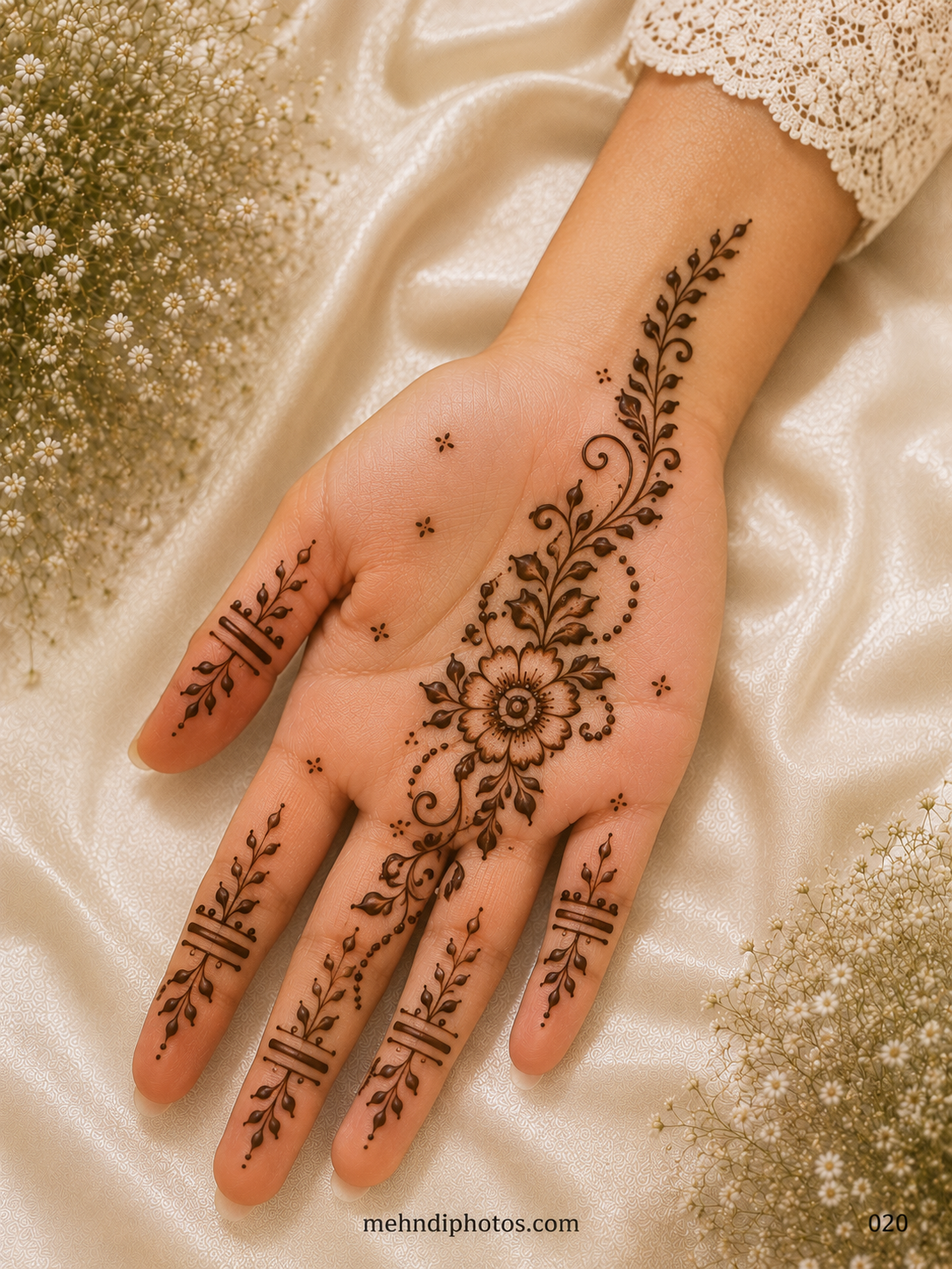 Simple front hand mehndi design with a shaded central flower, flowing leafy vines, delicate dotted curls and minimal finger patterns.