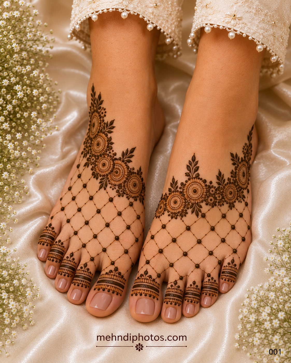 Floral jaali foot mehndi design on both feet with circular mandala motifs, leafy ankle patterns, dotted lattice work and decorative toe bands.