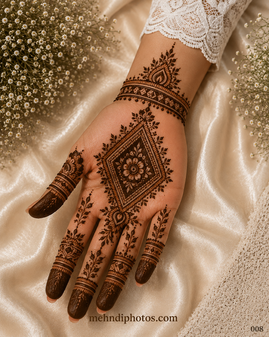 Simple front hand mehndi design featuring a central diamond floral panel, leafy borders, decorative wrist bracelet and dark shaded fingertips.