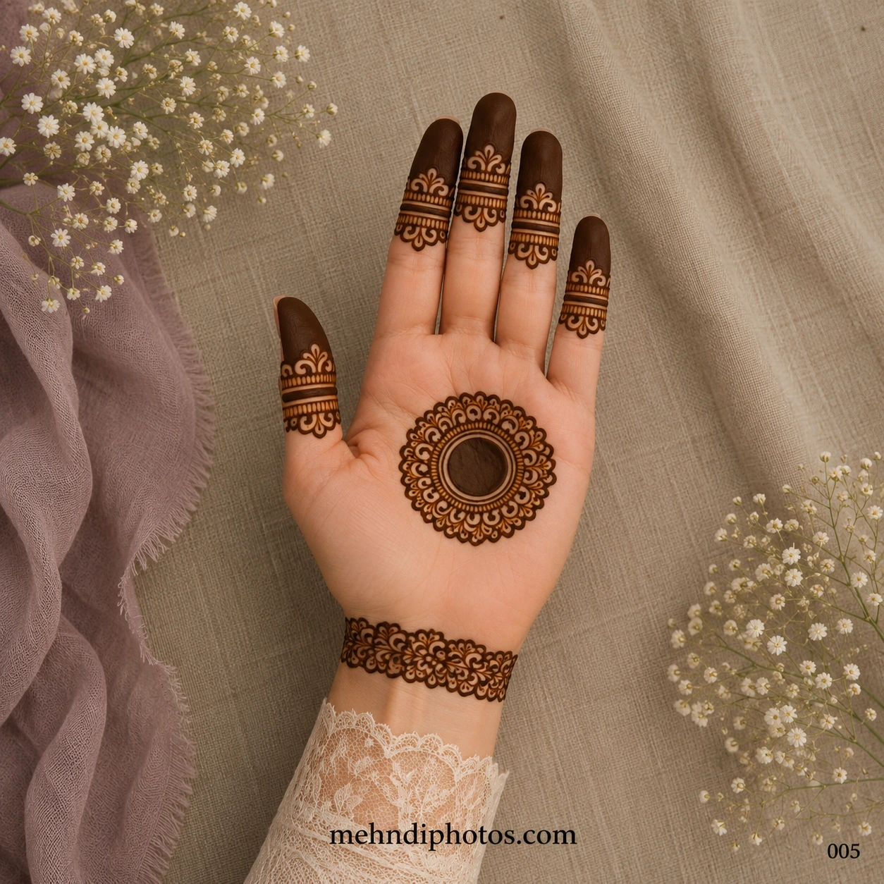 Explore Simple Round Finger Mehndi Design 005 featuring a classic round tikki mandala, elegant finger bands, floral wrist border, and traditional Indian henna patterns. Perfect for weddings, Karwa Chauth, Teej, Eid, Diwali, and festive occasions.