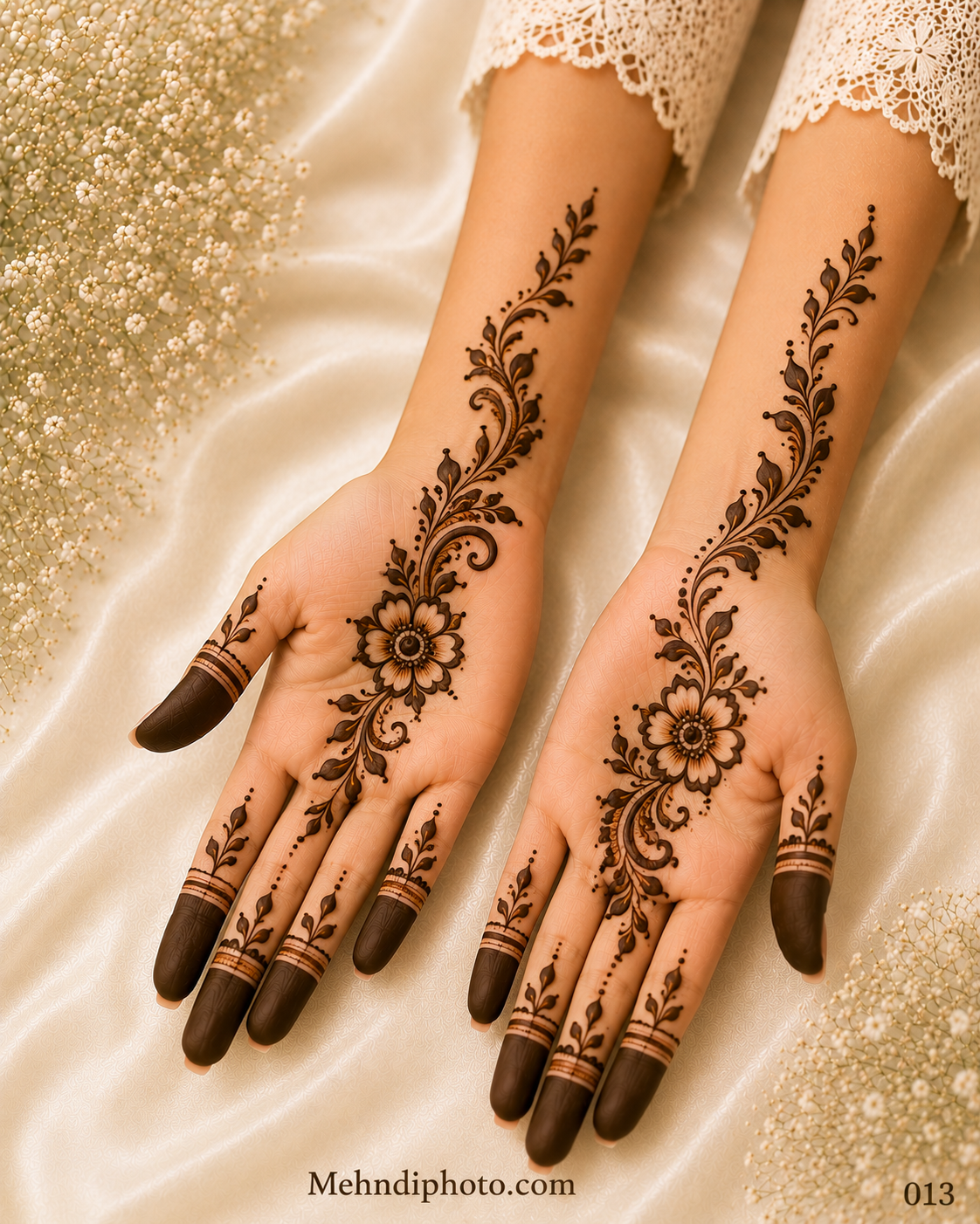 Simple floral vine front hand mehndi design with elegant flower and leafy vine extending from palm to forearm, easy Indian mehndi design for girls and women.