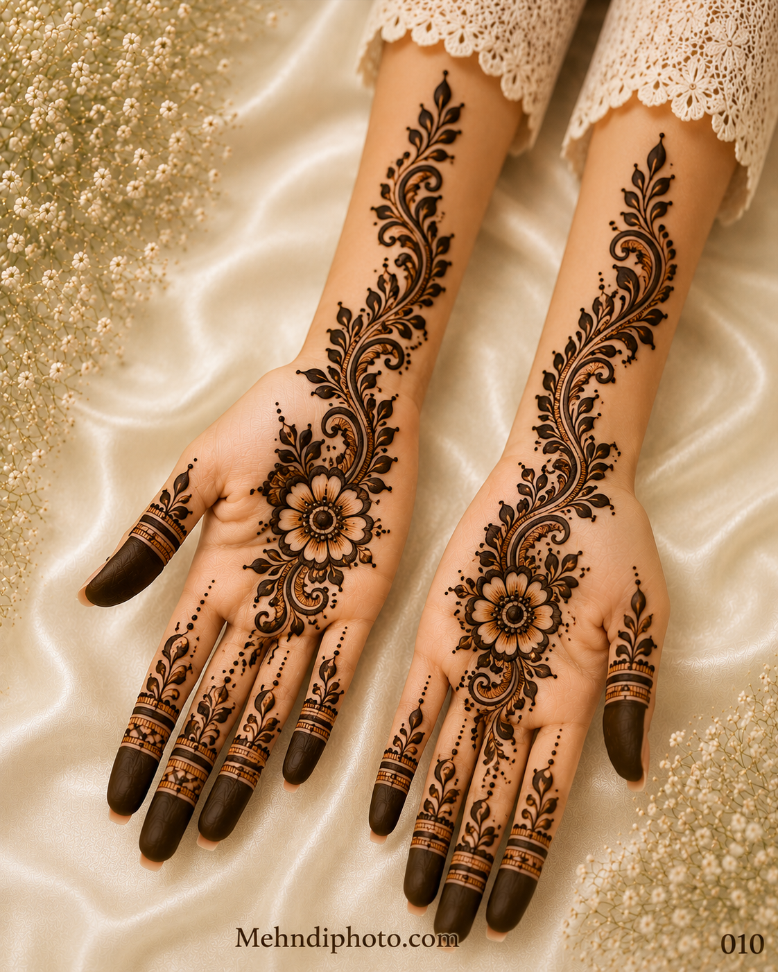 Simple bridal front hand mehndi design with elegant floral vine patterns, leafy details, and royal full hand Indian mehndi extending to the forearms for weddings and festive occasions.