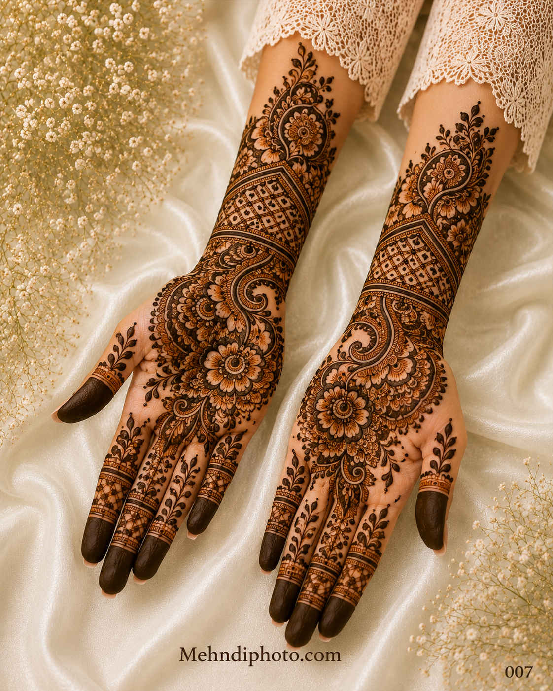 Bridal front hand mehndi design with royal floral paisley pattern, intricate full hand Indian mehndi extending to the forearms, perfect for weddings and bridal occasions.