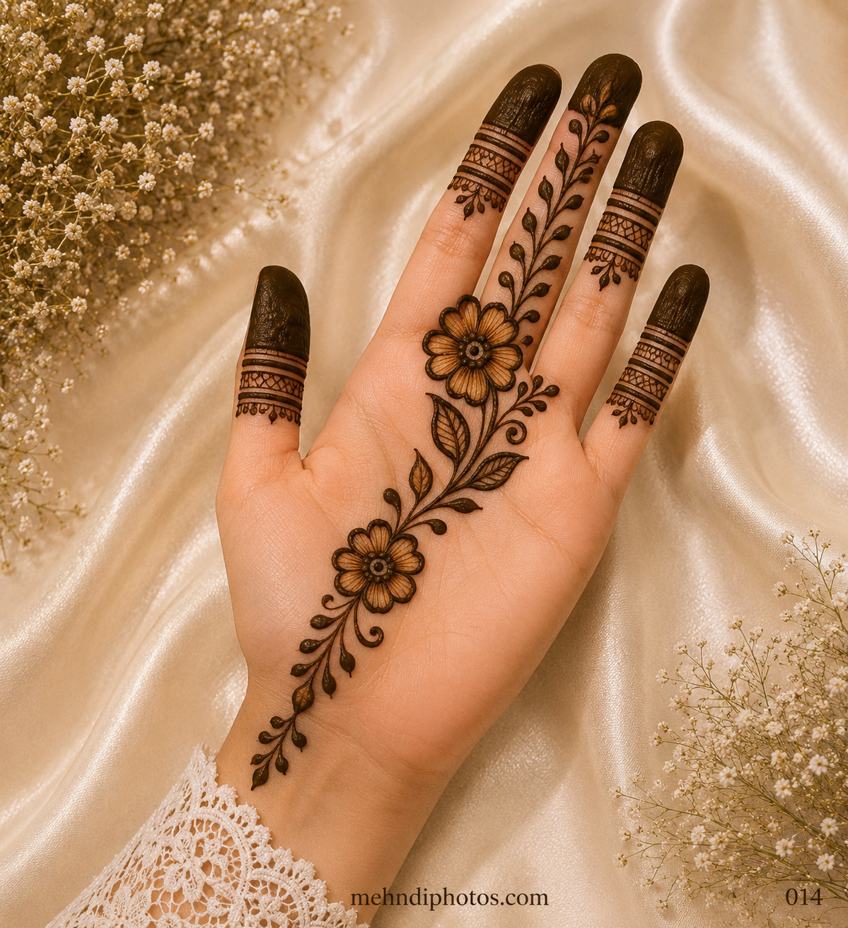 Minimal front hand mehndi design with two shaded flowers, a diagonal leafy vine, ornamental finger bands and dark shaded fingertips.
