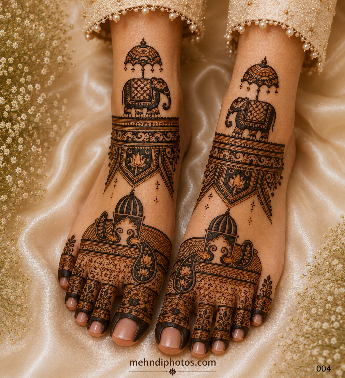 Royal bridal foot mehndi design on both feet with elephants, decorative umbrellas, lotus panels, palace domes, paisley motifs and detailed toes.
