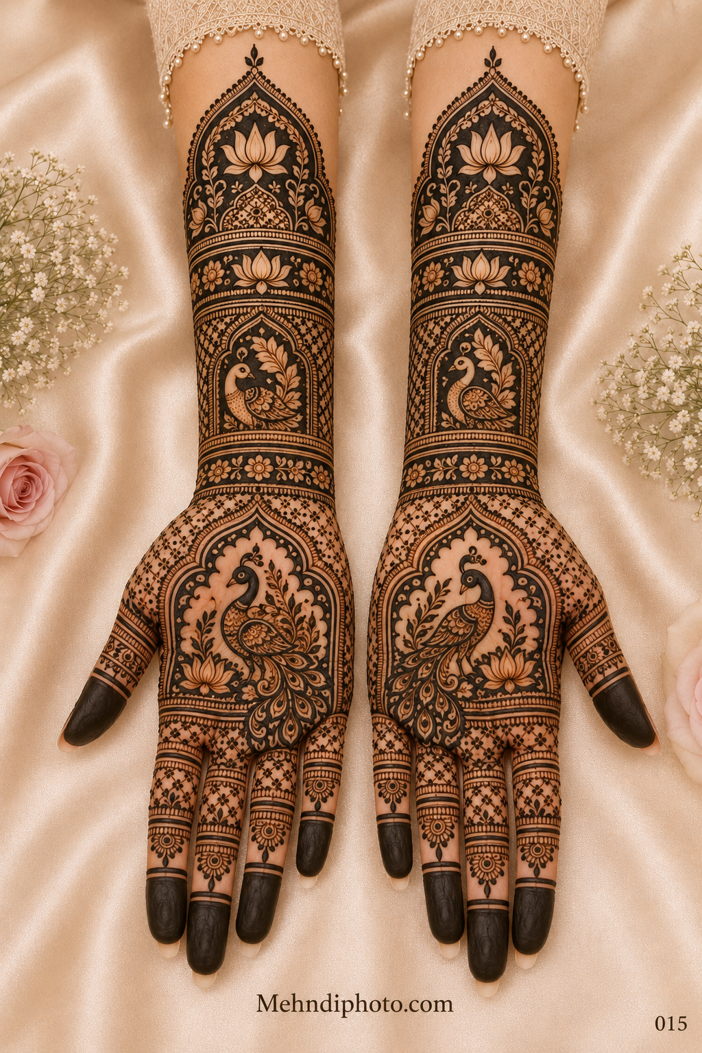 Full hand bridal mehndi design on both palms and forearms featuring royal peacocks, lotus motifs, arch panels, jaali patterns and dark fingertips.