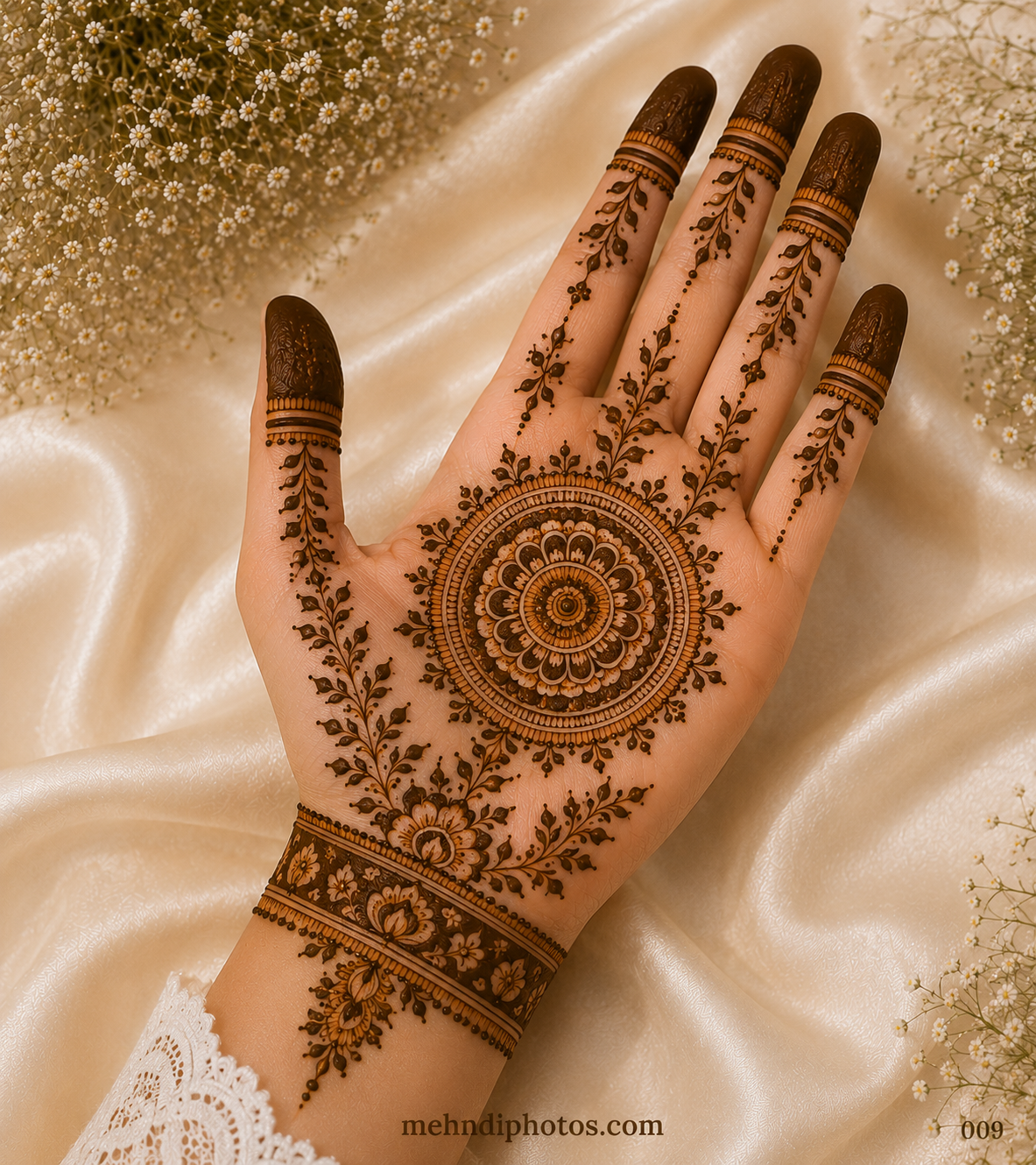 Front hand mehndi design featuring a large central floral mandala, leafy vines, floral wrist bracelet and dark shaded fingertips.