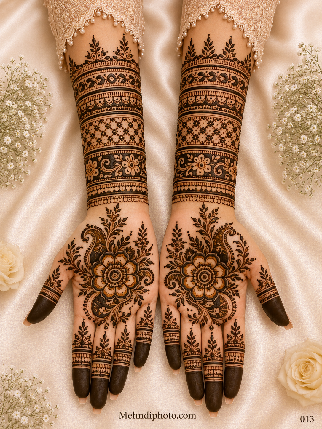 Full hand bridal mehndi design on both palms and forearms featuring large flowers, paisley motifs, leafy details, diamond jaali bands and shaded fingertips.