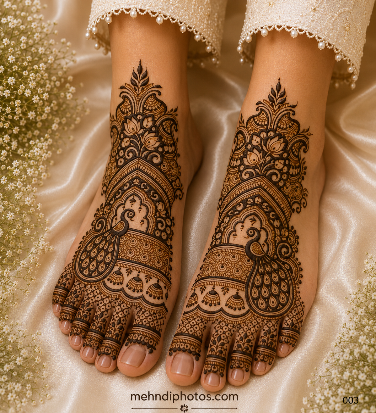 Royal bridal foot mehndi design on both feet featuring large peacocks, lotus flowers, temple arches, floral jaali work and decorated toes.