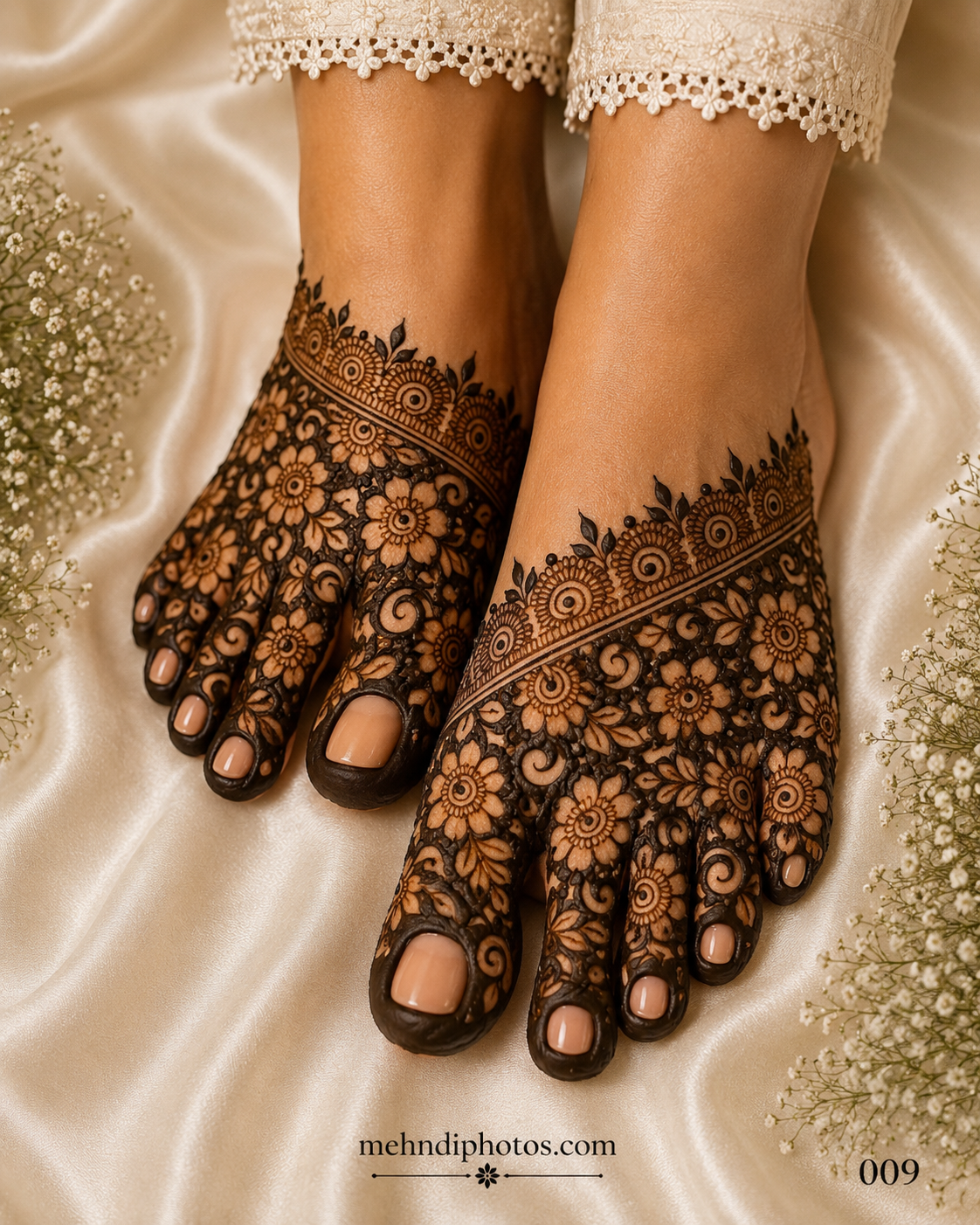 Heavy floral foot mehndi design with intricate flowers, leafy vines, decorative borders, and full feet henna pattern for brides and festive occasions.