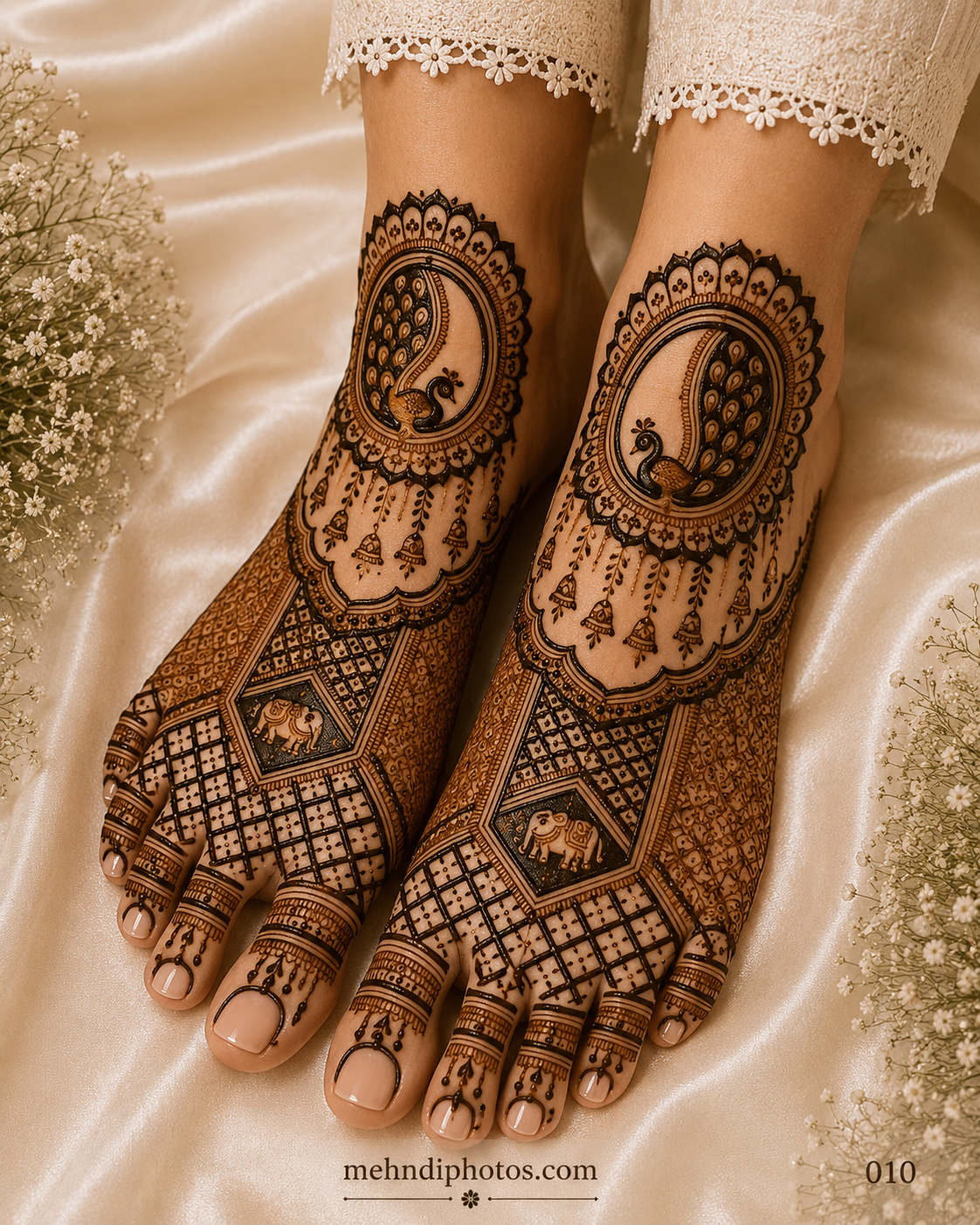 Royal peacock foot mehndi design with intricate geometric patterns, decorative borders, and traditional bridal henna covering both feet.