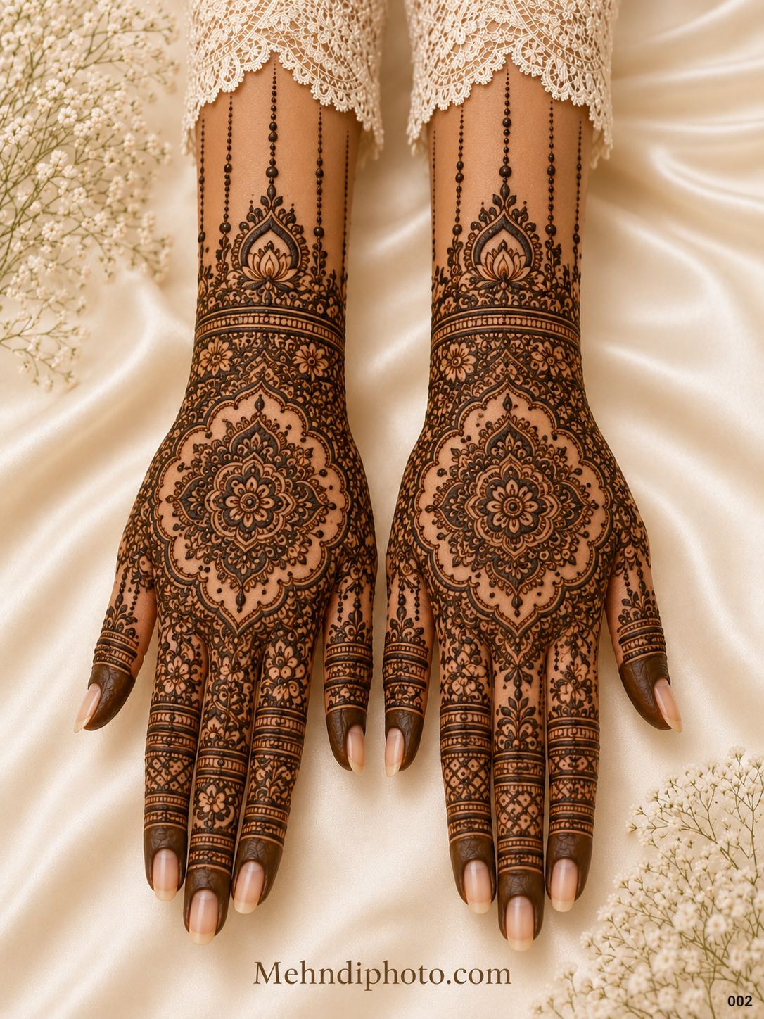 Elegant back hand bridal mehndi design with large mandala patterns, floral detailing, lotus wrist motifs and intricate finger designs on both hands.