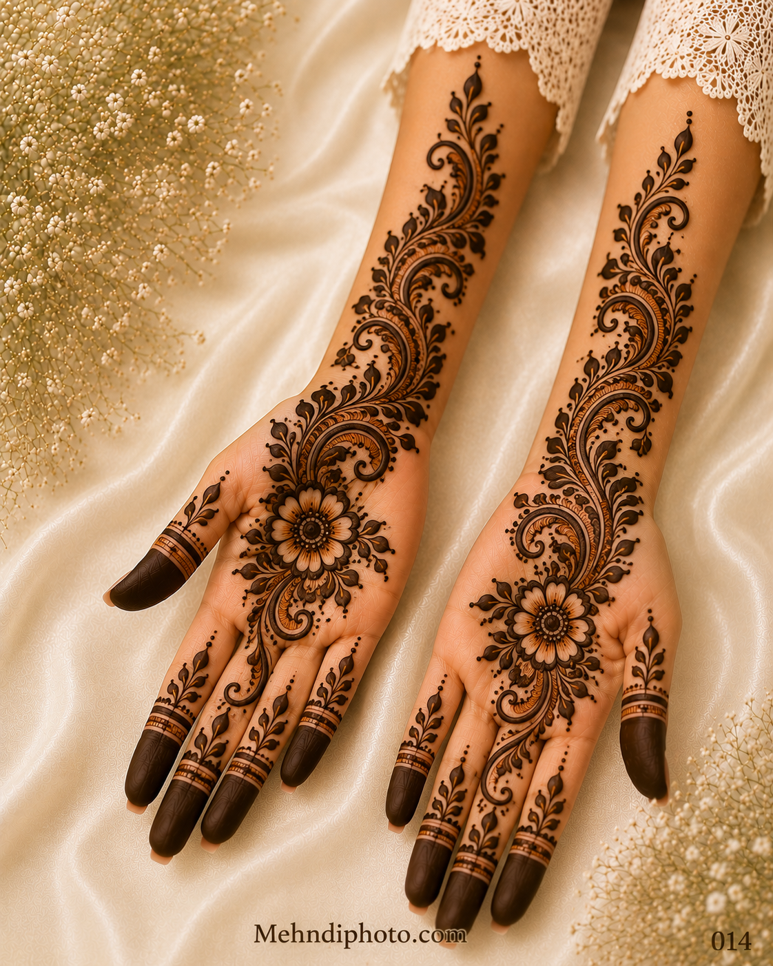 Elegant floral vine front hand mehndi design with detailed flower and flowing leafy pattern from palm to forearm, stylish easy Indian mehndi design for girls and women.