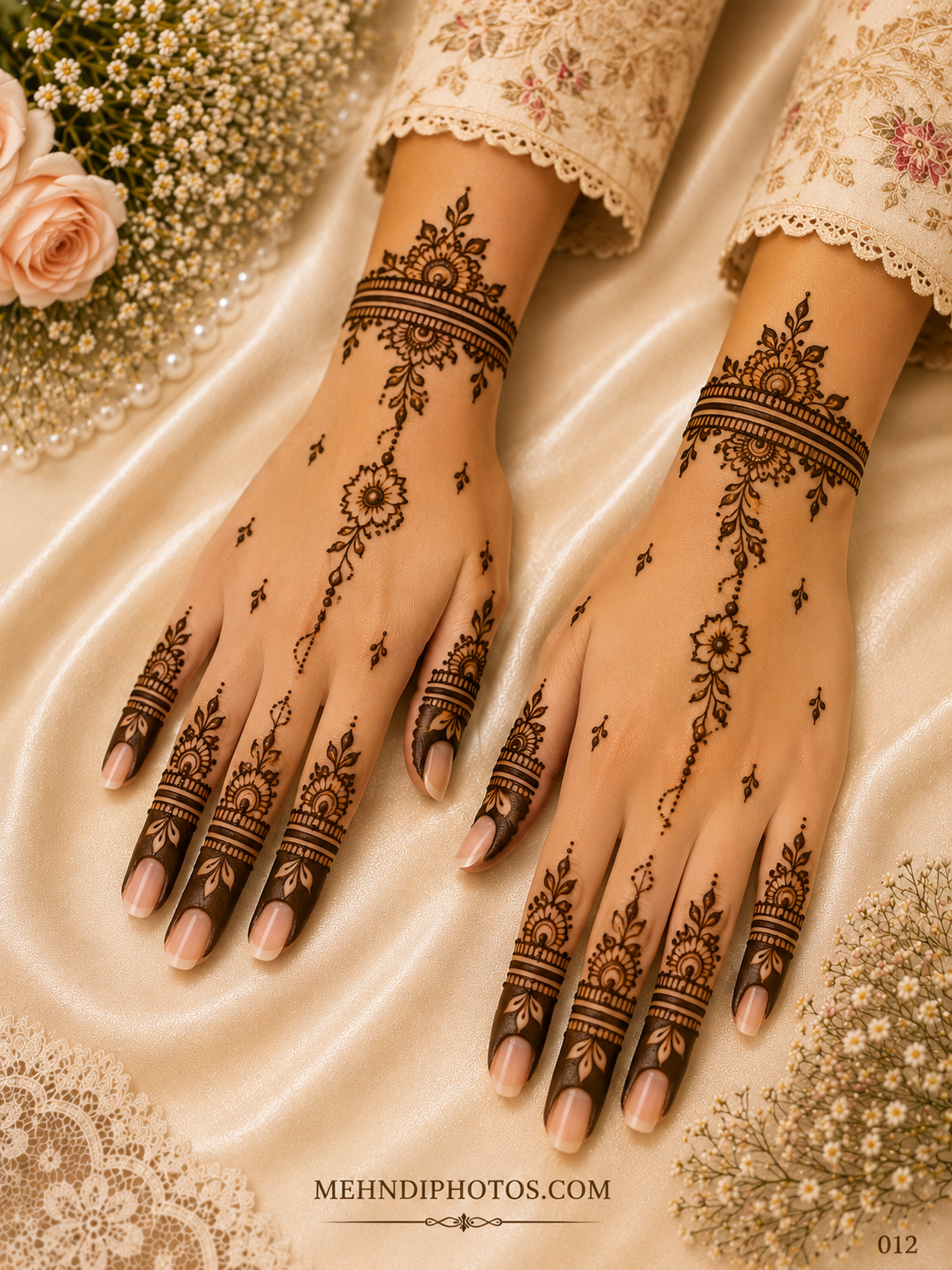 Minimal back hand mehndi design on two hands with floral wrist bracelets, central hanging flower vines, scattered leaves and shaded finger patterns.