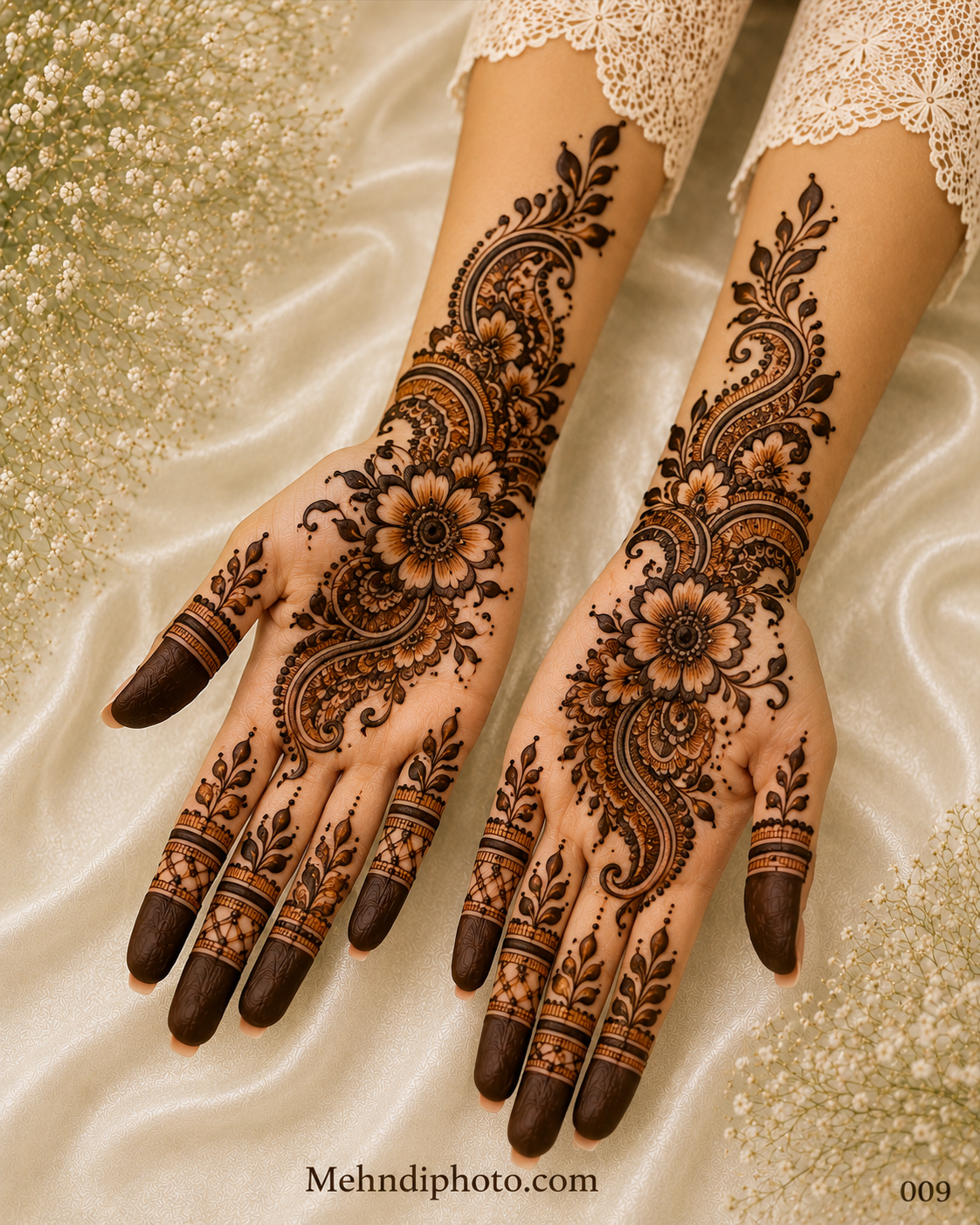 Bridal front hand mehndi design with elegant floral and paisley artwork, intricate full hand Indian mehndi extending to the forearms, ideal for weddings, bridal functions, and traditional celebrations.