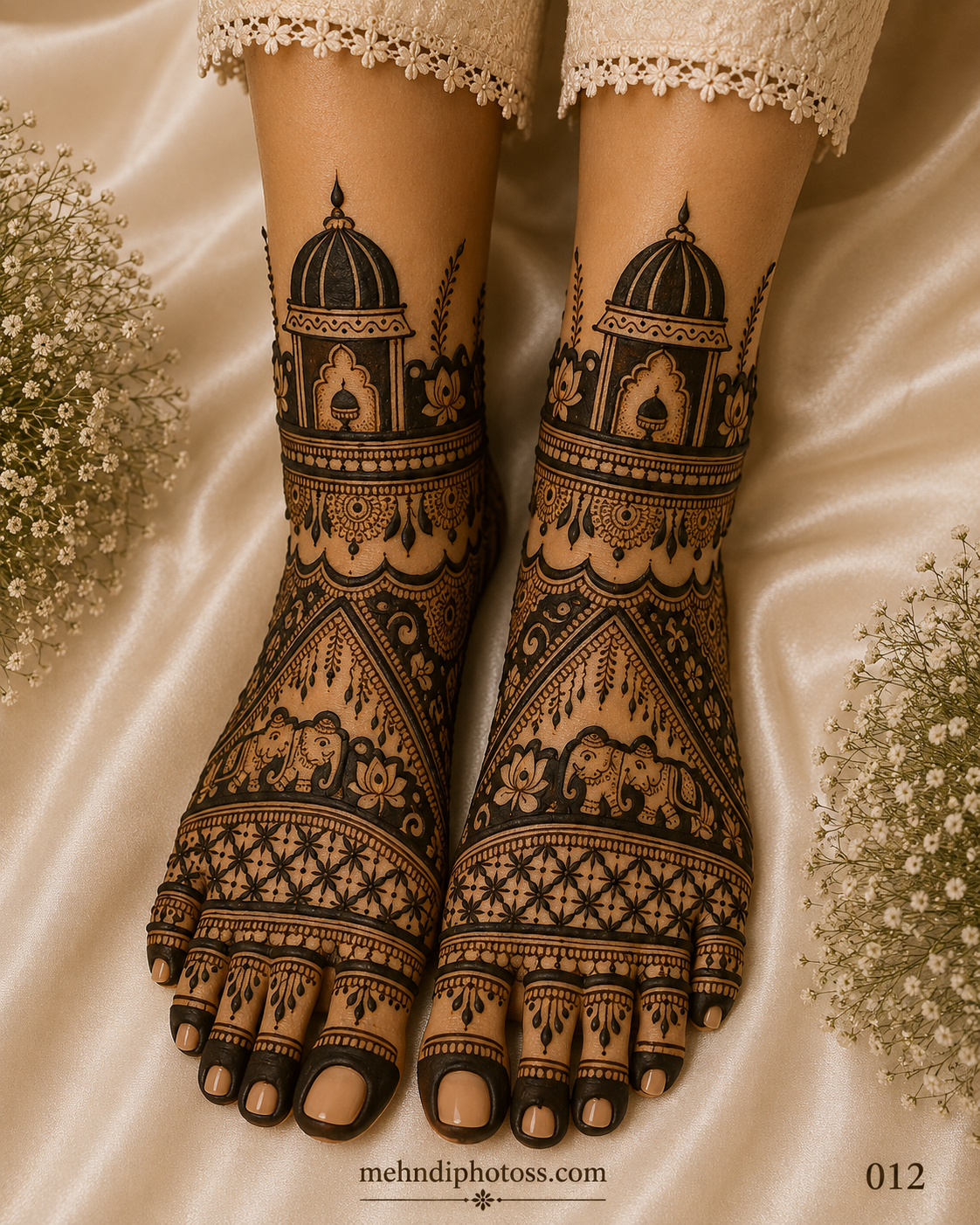 Royal bridal foot mehndi design featuring elephant motifs, palace dome patterns, floral borders, and intricate traditional henna covering both feet.