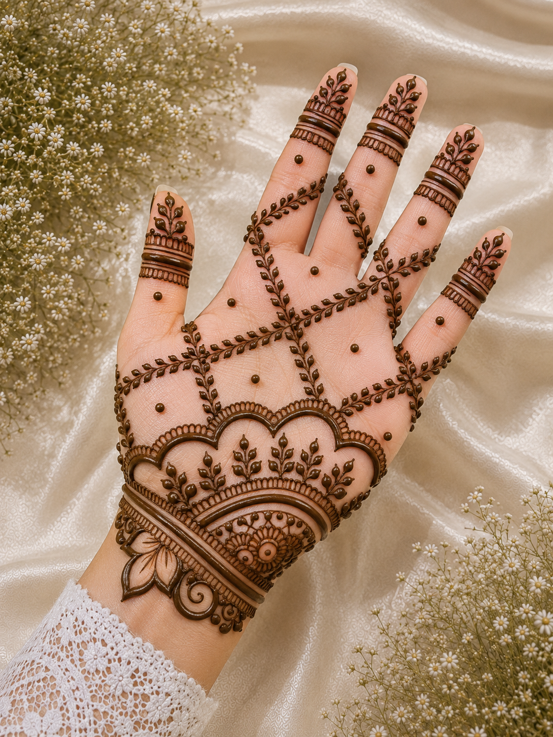 Front hand mehndi design with bracelet-style wrist pattern, leafy chain net across the palm, dotted details and simple decorative finger bands.