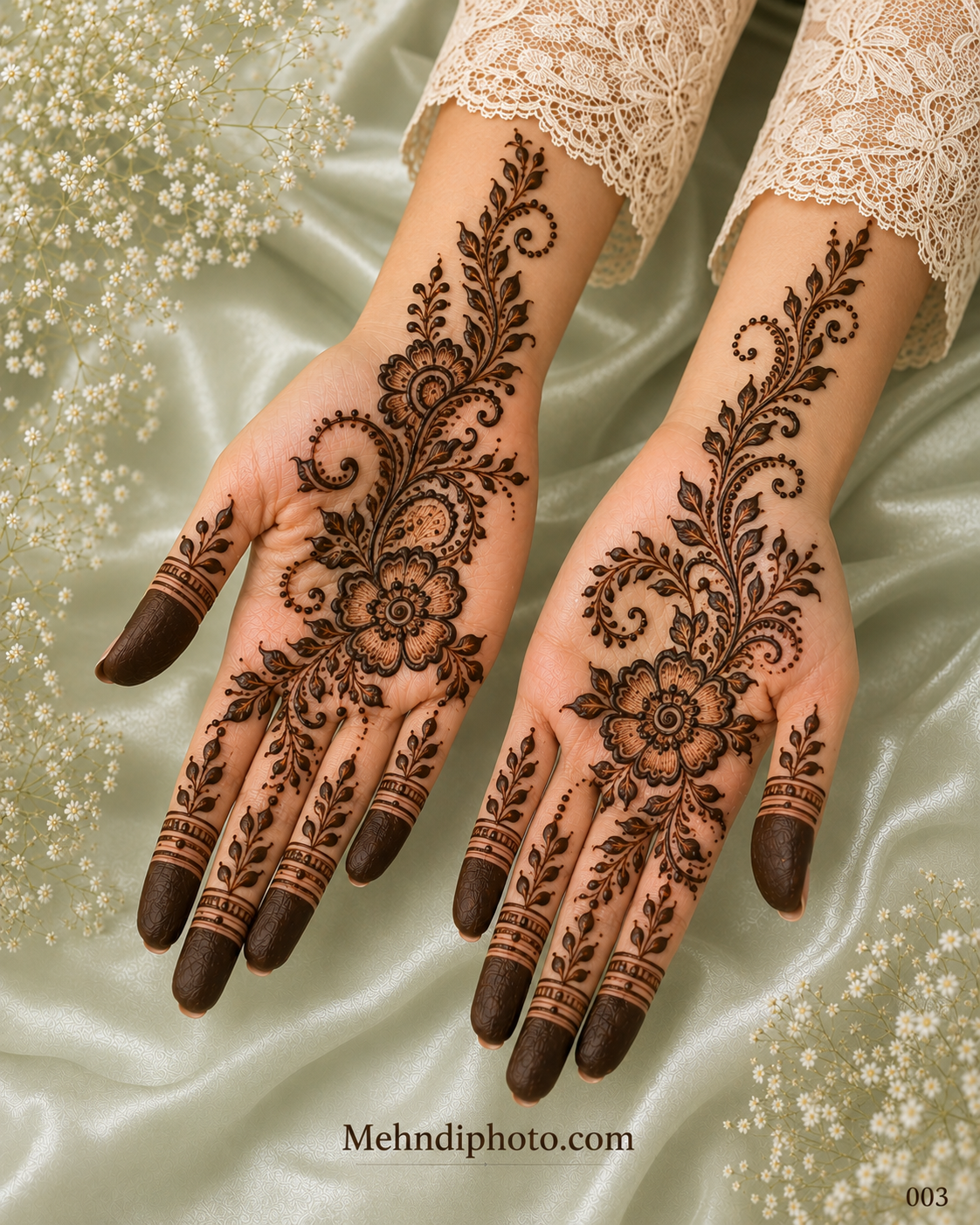 Floral paisley front hand mehndi design on both palms with shaded flowers, flowing leafy vines, dotted curves, finger bands and dark fingertips.