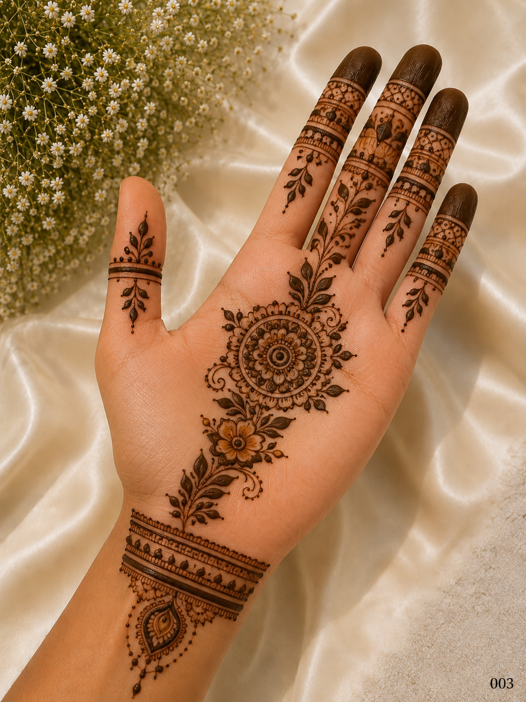 Simple front hand mehndi design featuring a central floral mandala, leafy vines, wrist bracelet pattern, finger bands and dark shaded fingertips.