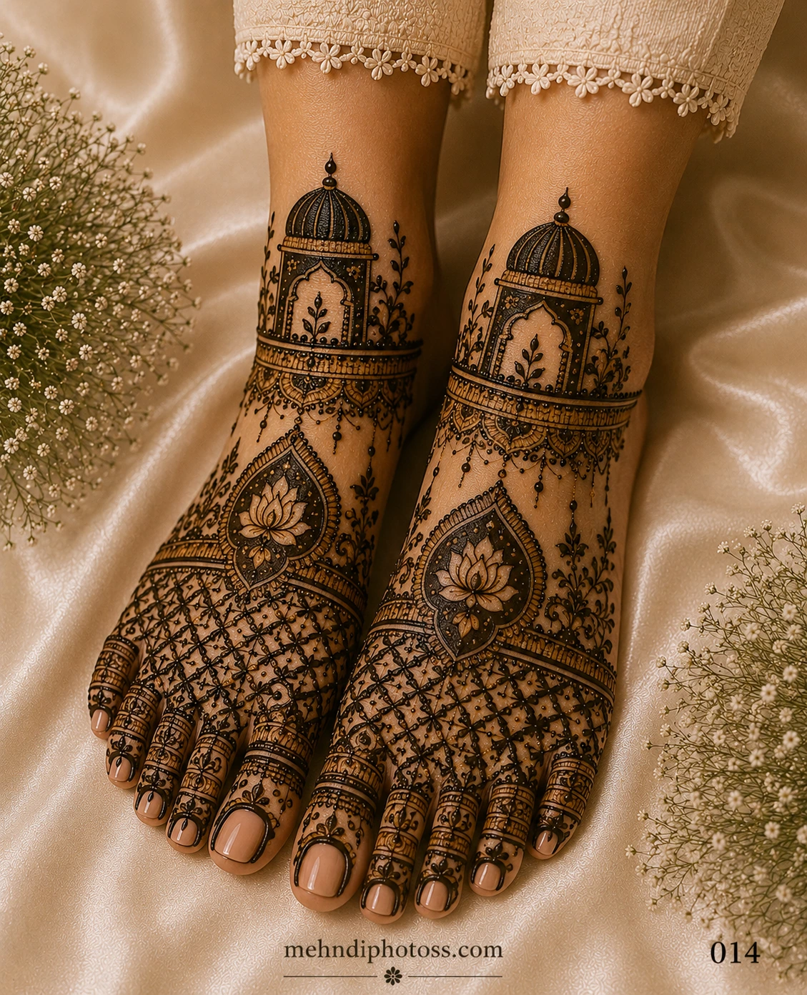 Royal bridal foot mehndi design featuring palace dome motifs, lotus flowers, intricate jaali patterns, and detailed traditional henna covering both feet.