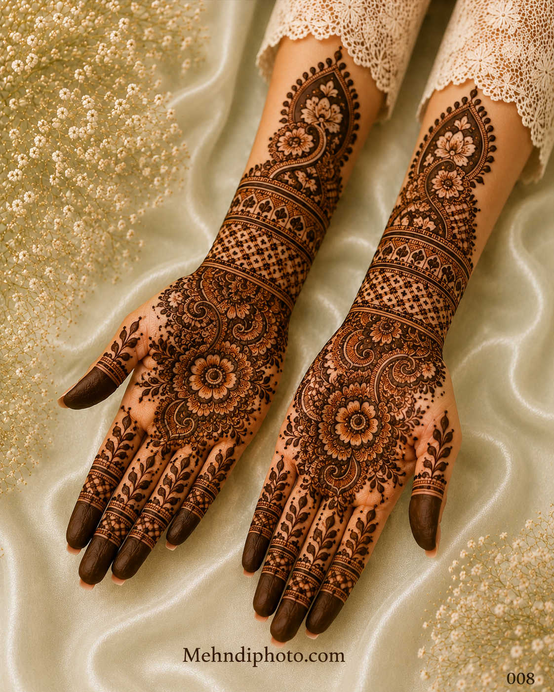 Bridal front hand mehndi design with intricate floral and paisley patterns, full hand Indian bridal mehndi extending to the forearms, ideal for weddings and traditional occasions.