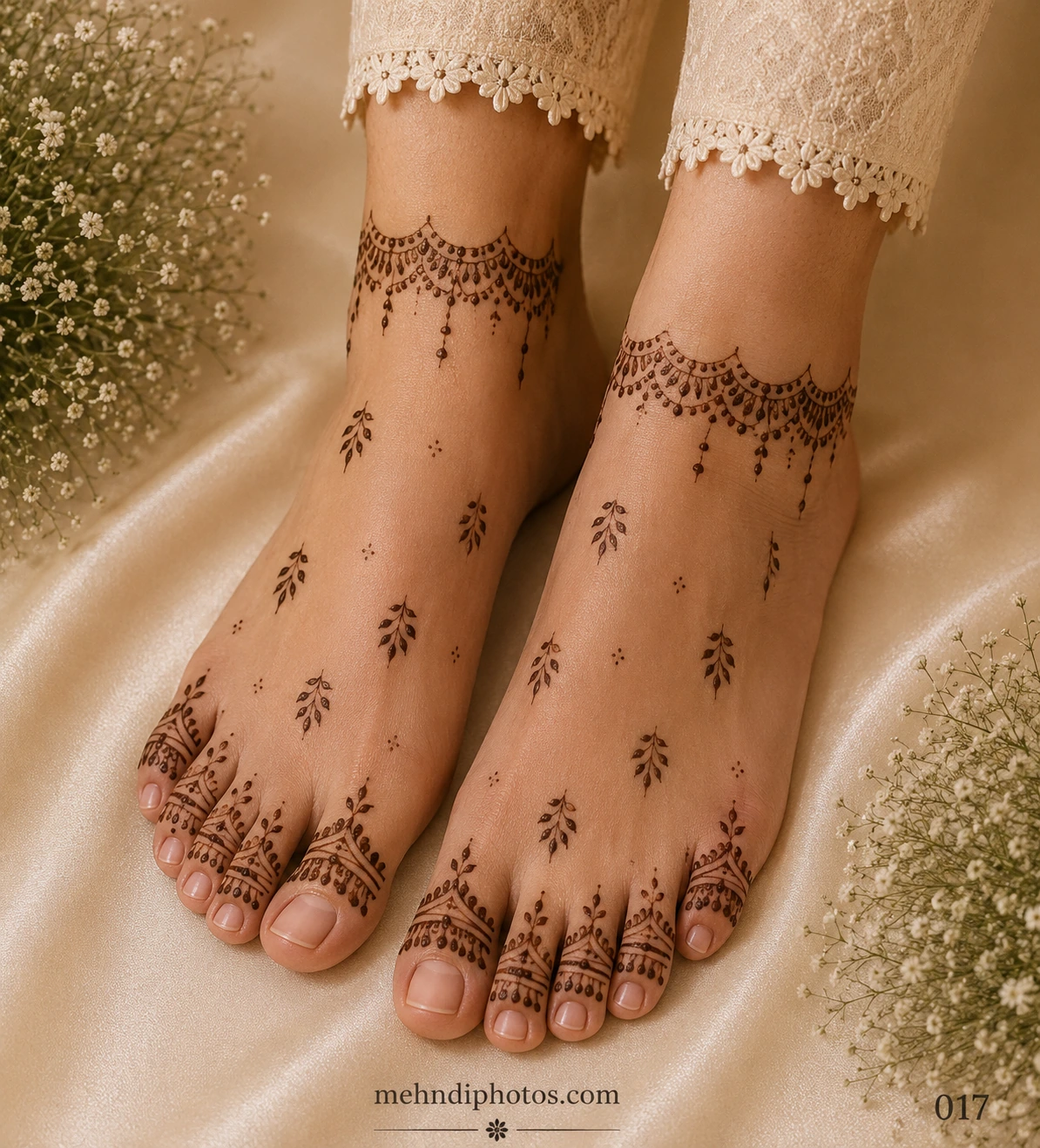 Simple foot mehndi design featuring anklet-inspired borders, delicate toe patterns, tiny leafy motifs, and minimal henna artwork on both feet.