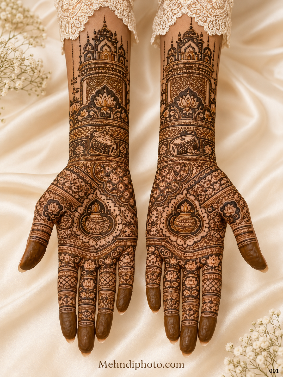 Royal full hand bridal mehndi design with diya motifs, palace architecture, dhol elements and intricate traditional patterns on both palms and forearms.