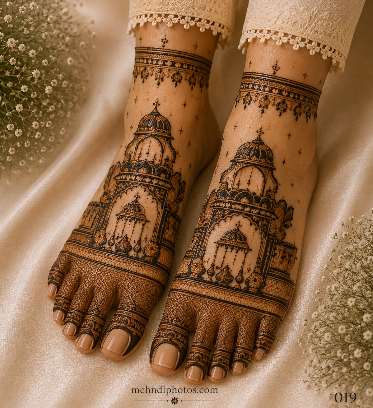 Royal palace inspired full foot mehndi design with intricate jharokha architecture, hanging lantern motifs, geometric patterns, and traditional bridal henna on both feet.