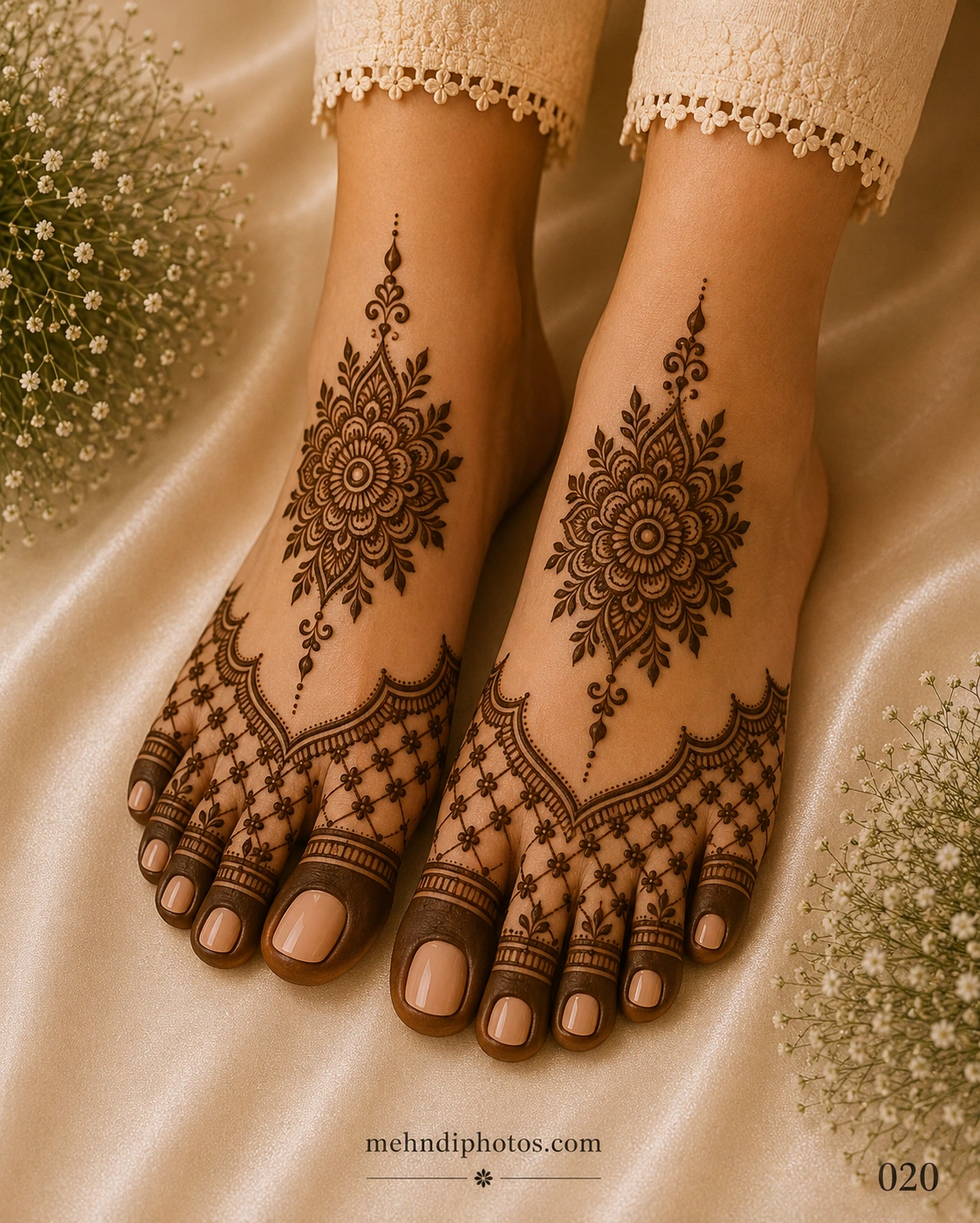 Elegant floral foot mehndi design with large mandala flowers, leafy details, lace-style borders, and geometric toe patterns on both feet for bridal and festive occasions.