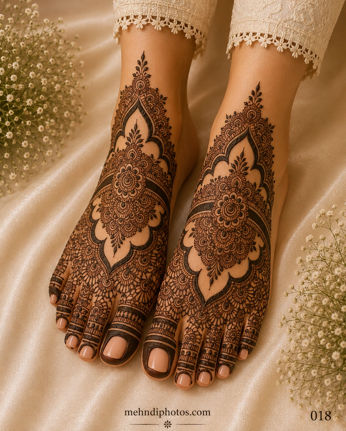 Royal full-foot mehndi design featuring intricate floral mandalas, paisley motifs, lace-style fillers, and traditional bridal henna artwork on both feet.