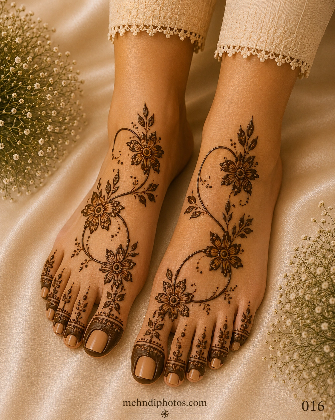 Simple floral foot mehndi design featuring elegant flower motifs, flowing vine patterns, delicate leaves, and minimal henna artwork on both feet.