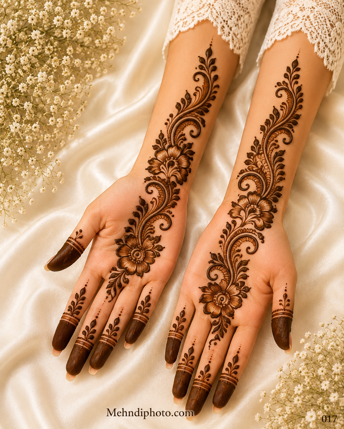 Elegant floral swirl front hand mehndi design with detailed flowers and flowing leafy vine pattern extending from palm to forearm, stylish Indian mehndi design for girls and women.