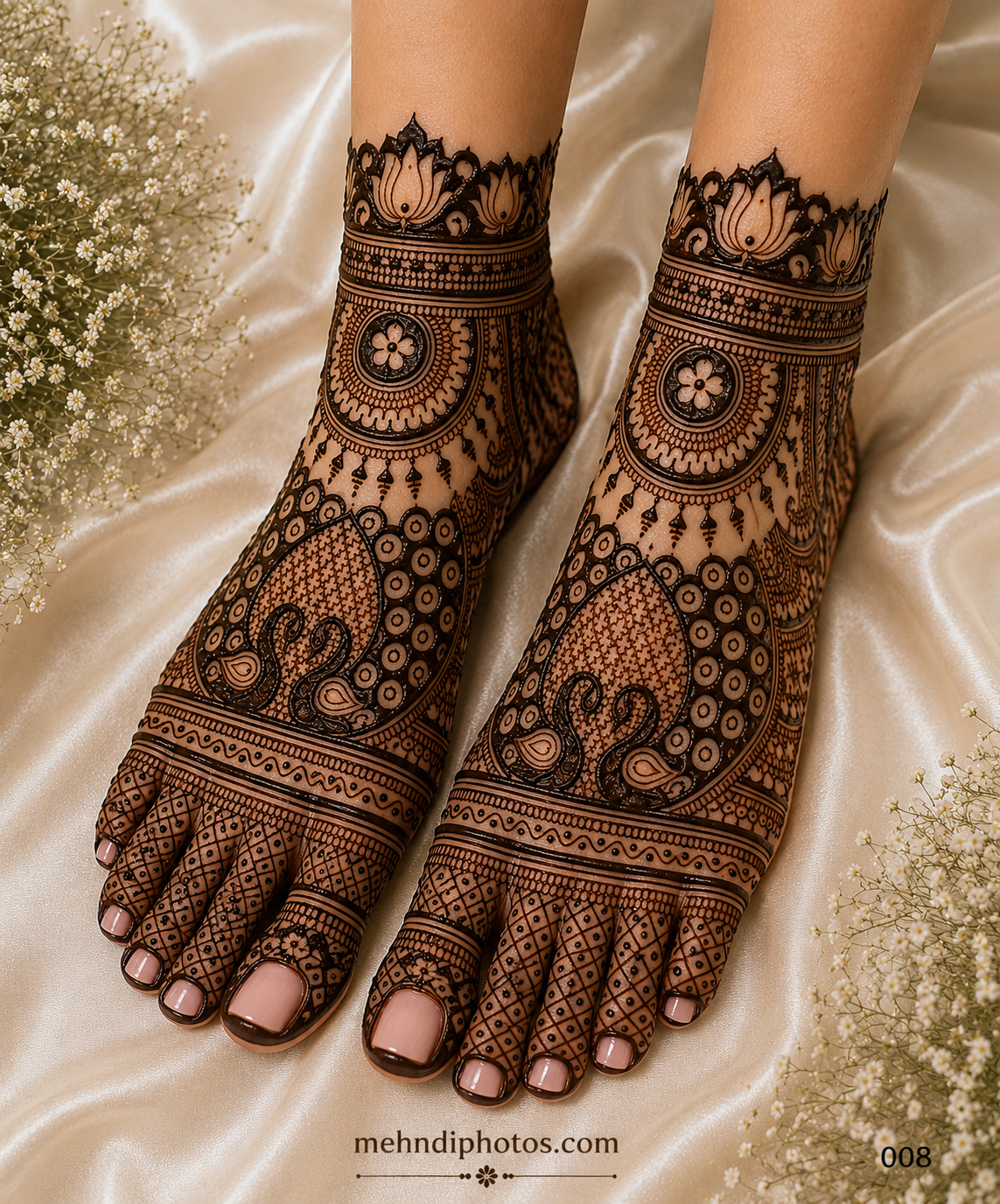 Traditional full foot mehndi design with paisley motifs, floral circles, decorative ankle bands, and intricate toe patterns for brides and festive occasions.