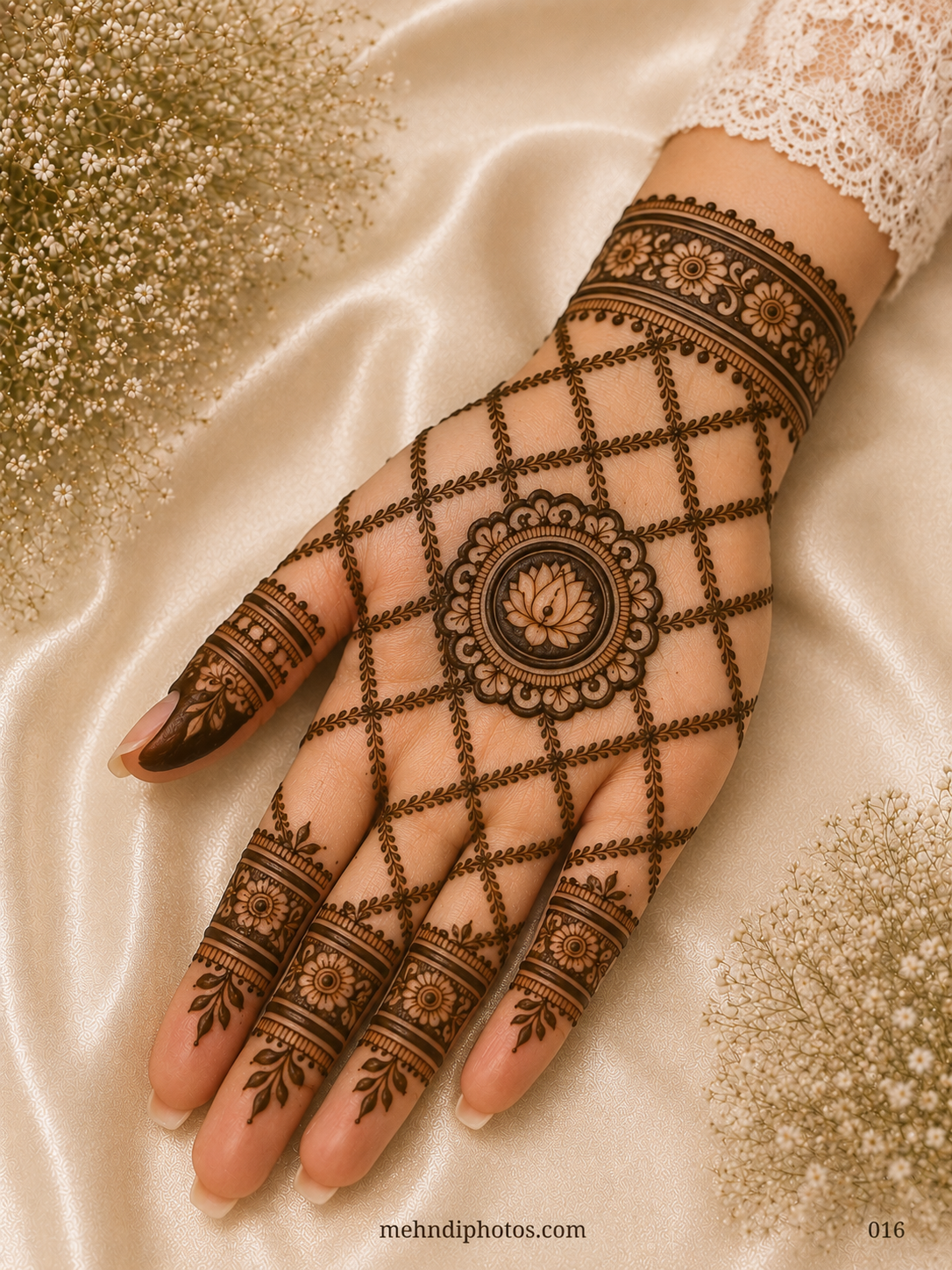 Front hand mehndi design featuring a central lotus mandala, diamond-shaped leafy jaali, floral wrist bracelet and matching finger bands.