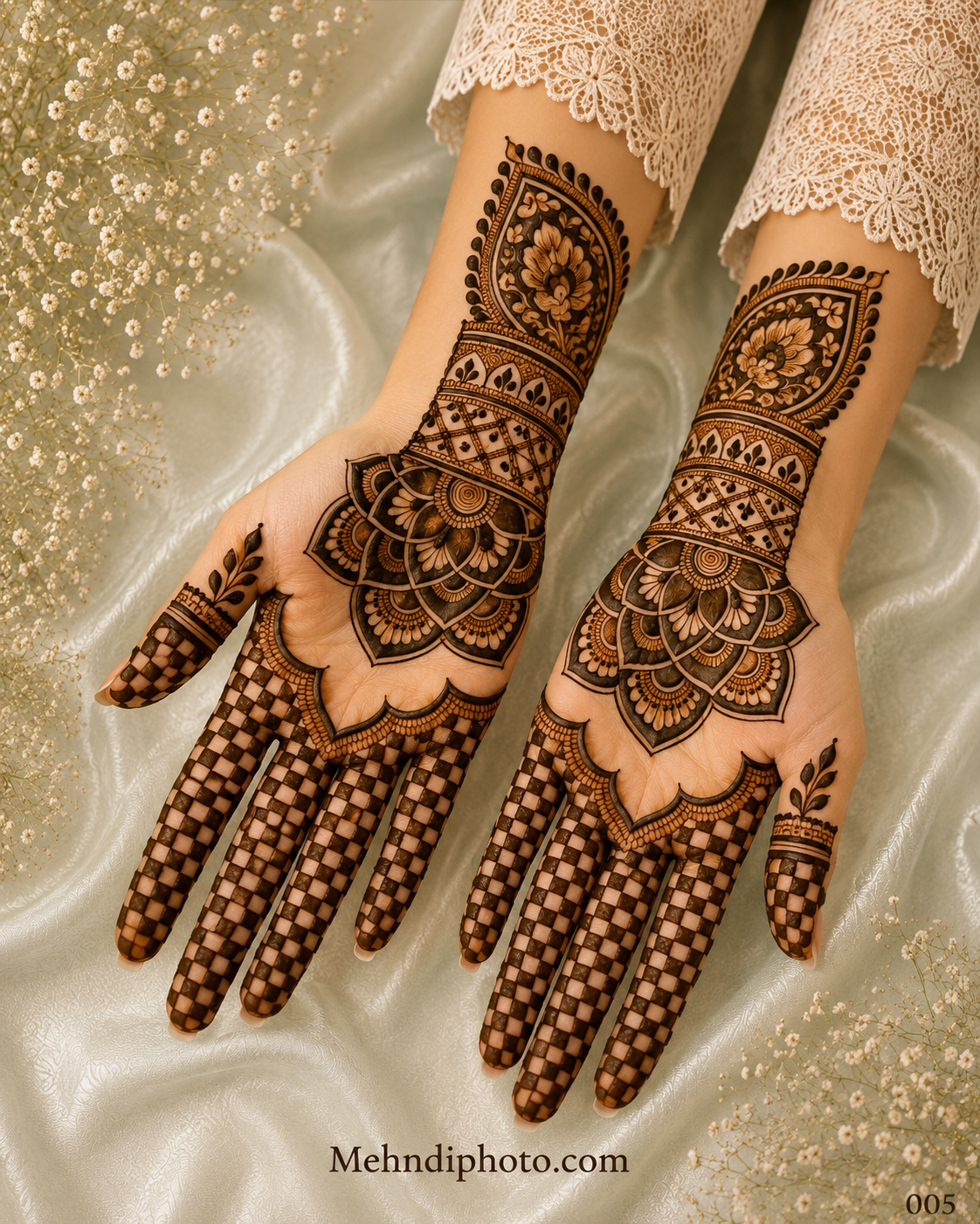 Symmetrical front hand mehndi design with large lotus mandalas on both palms, checkerboard finger patterns and detailed decorative wrist bands.