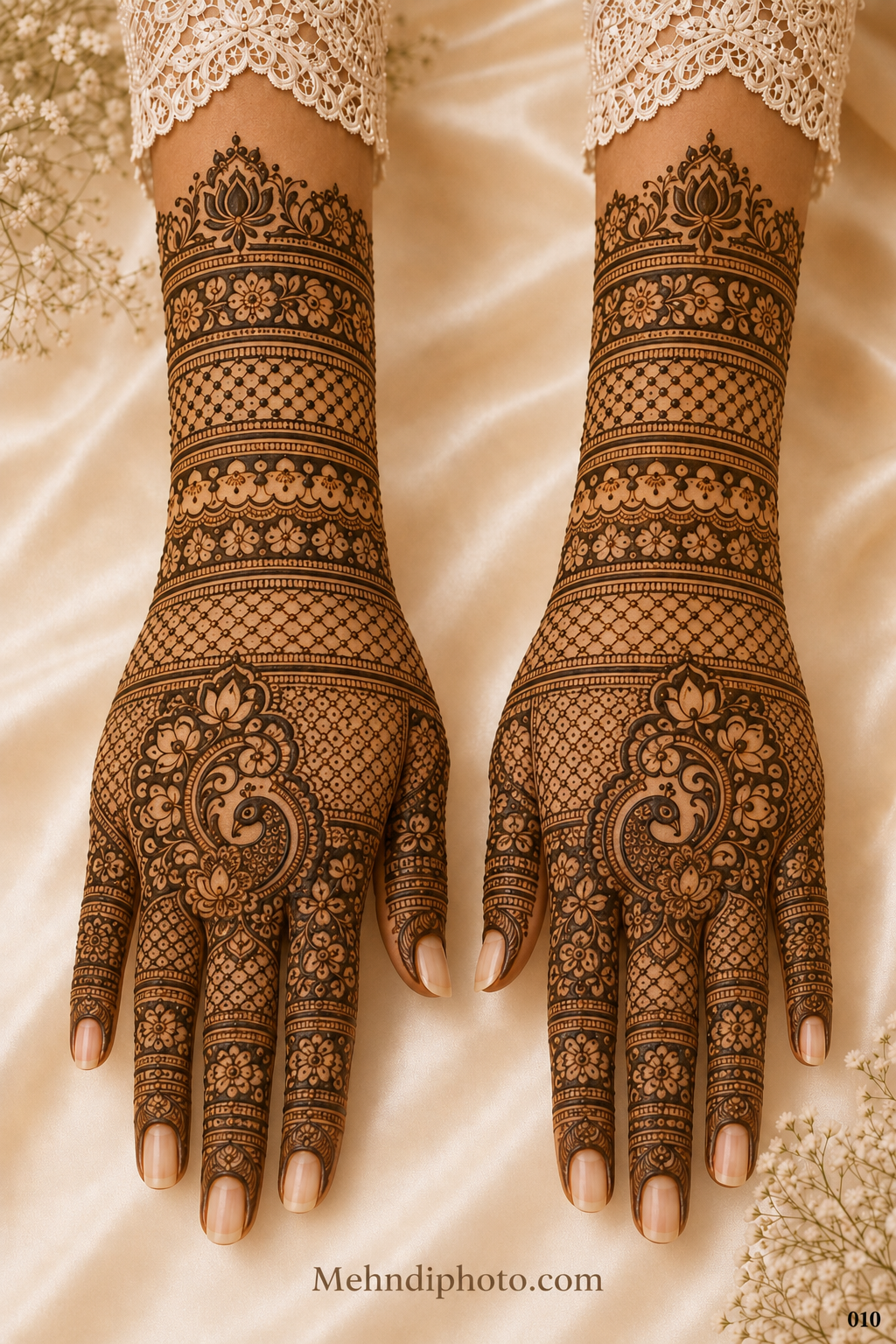 Full back hand bridal mehndi design on both hands featuring peacock motifs, lotus flowers, floral jaali patterns and detailed finger artwork.