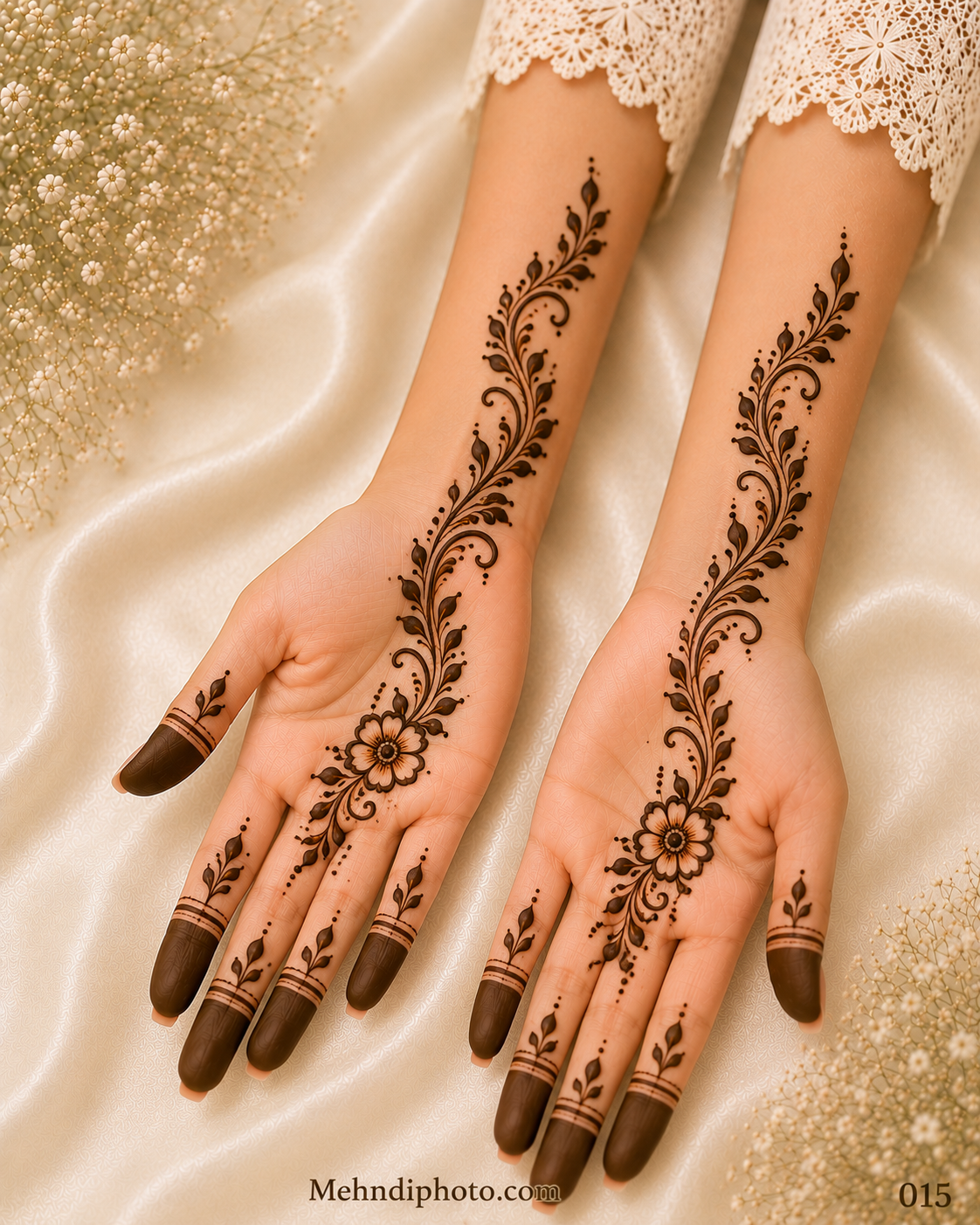 Minimal floral vine front hand mehndi design with a delicate flower and elegant leafy vine extending from palm to forearm, simple Indian mehndi design for girls and women.