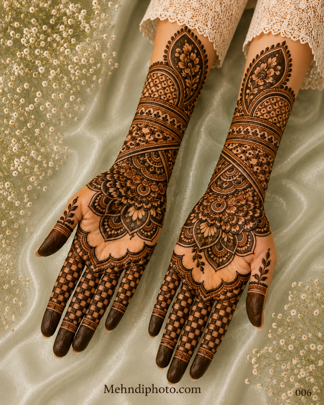 Front hand mehndi design with large floral mandalas on both palms, checkerboard finger patterns, dark fingertips and detailed wrist to forearm mehndi bands.