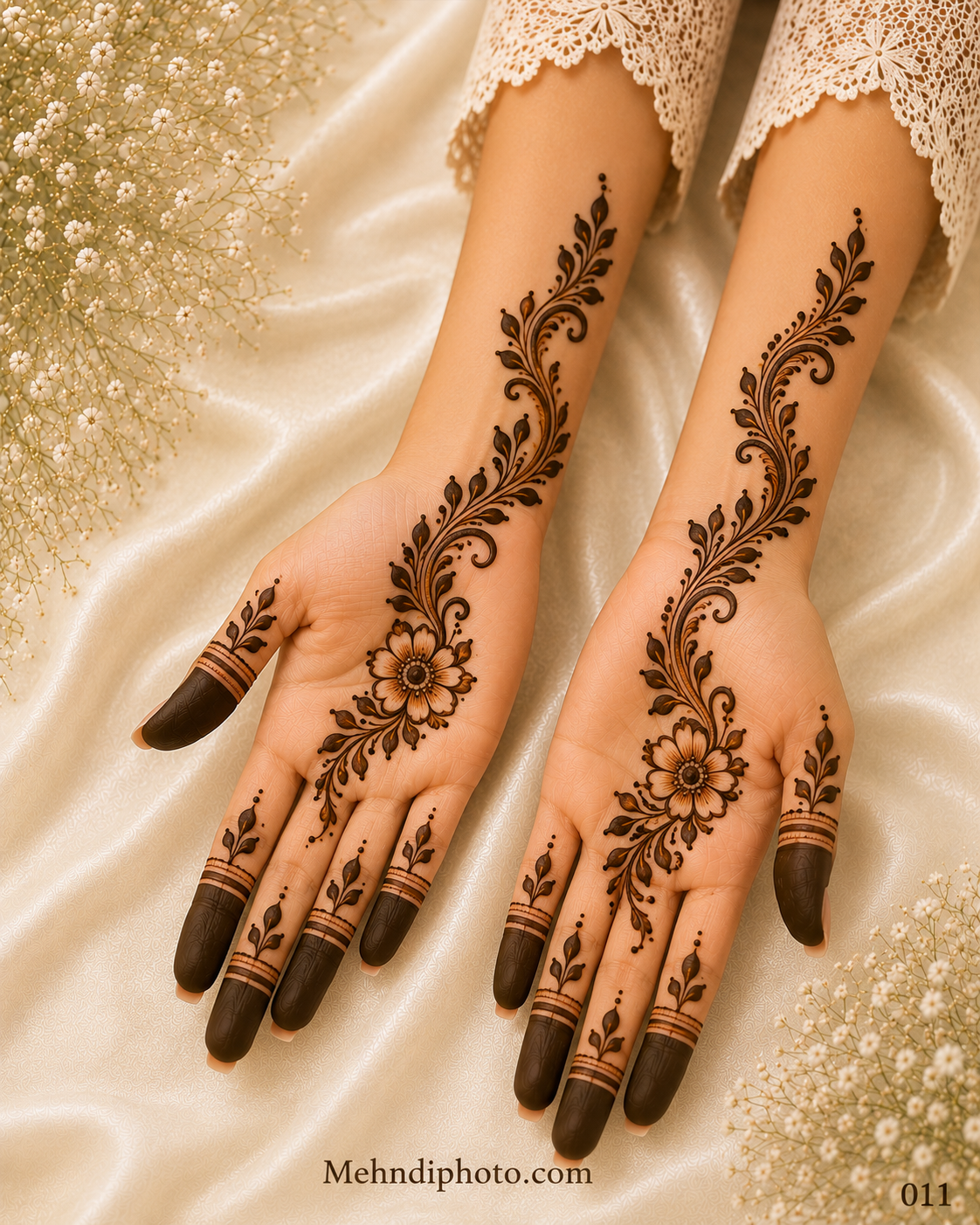 Simple floral vine front hand mehndi design with elegant leafy patterns and easy full hand Indian mehndi extending from palm to forearm for girls and women.