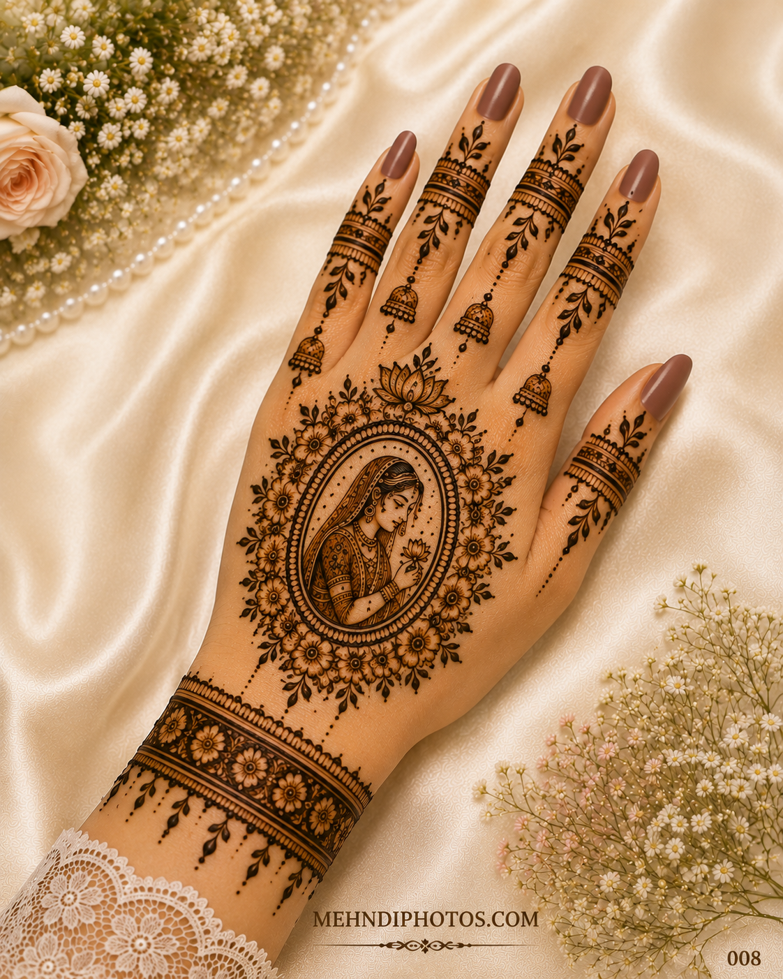 Back hand mehndi design with an Indian bride holding a lotus, oval floral frame, hanging jhumka motifs and decorative finger bands.