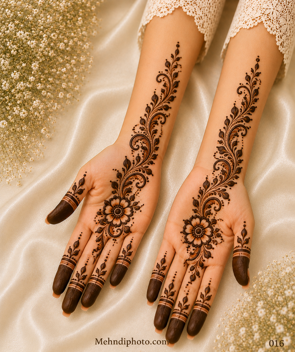 Elegant floral vine front hand mehndi design with detailed flower and flowing leafy vine from palm to forearm, simple full hand Indian mehndi design for girls and women.