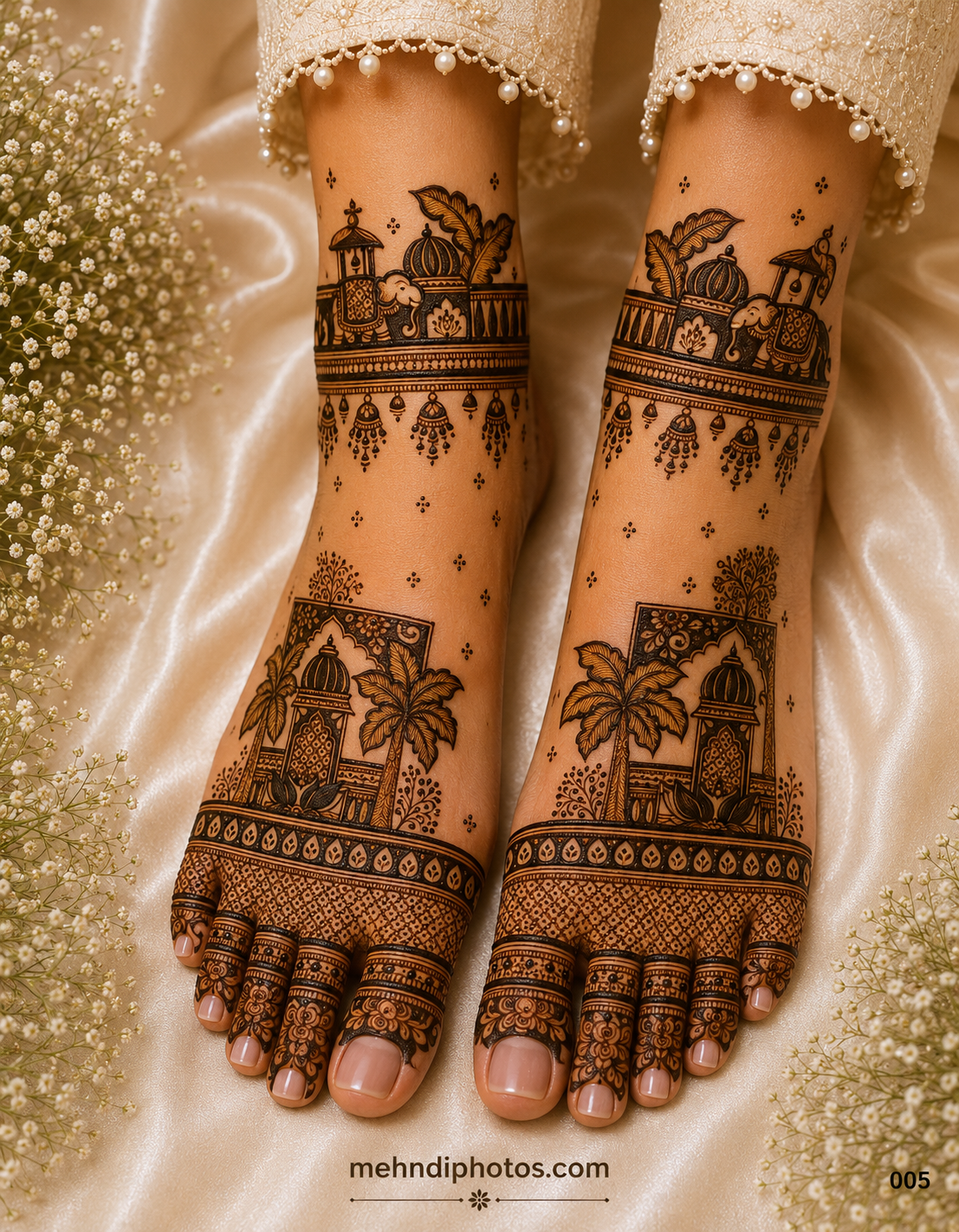 Royal bridal foot mehndi design on both feet featuring elephants, palace domes, palm trees, hanging jhumka borders, floral jaali work and decorated toes