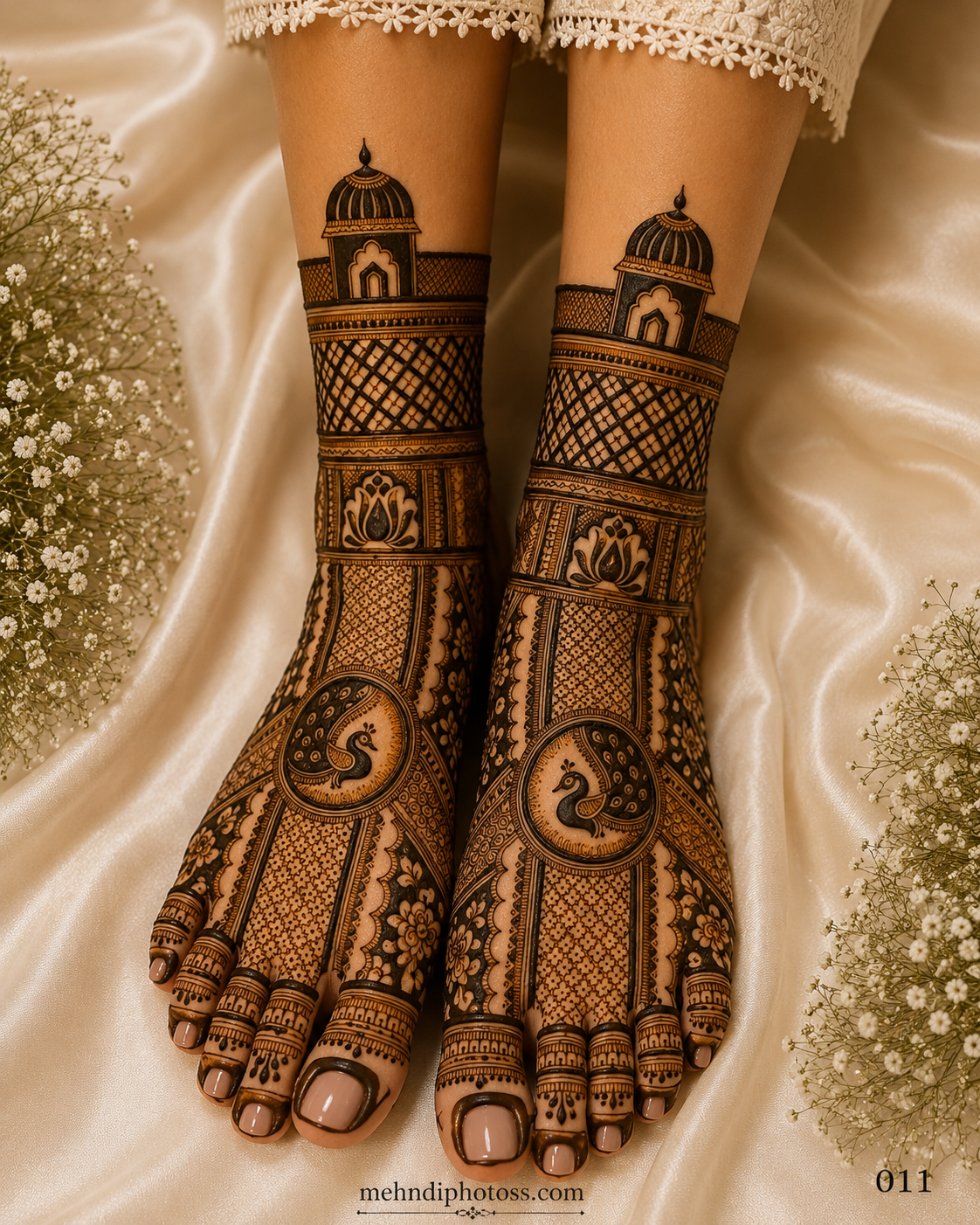 Royal bridal foot mehndi design with peacock motifs, palace-inspired artwork, floral borders, and intricate traditional henna covering both feet.