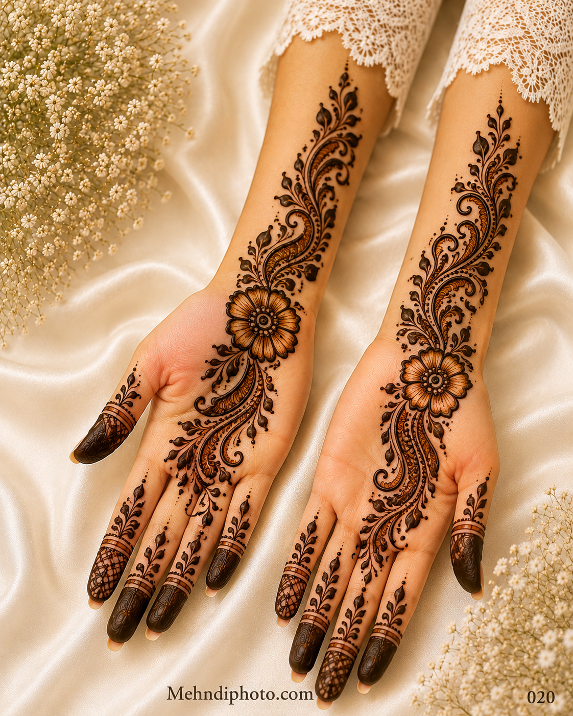 Elegant floral vine front hand mehndi design with a large flower, leafy vine, and paisley pattern flowing from the palm to the forearm for girls and women.