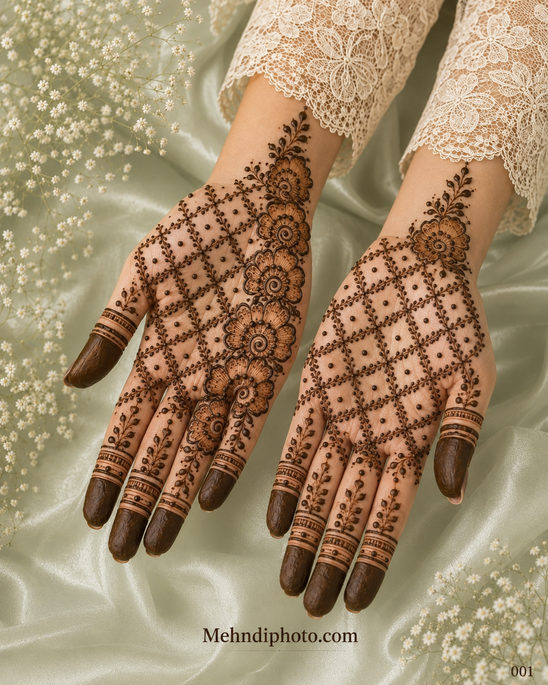 Floral jaali front hand mehndi design on both palms with diagonal flowers, leafy vines, dotted lattice patterns and dark shaded fingertips.