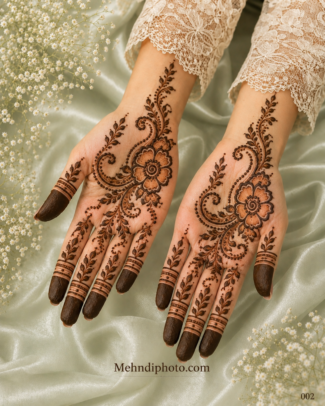 Floral Arabic front hand mehndi design on both palms with large shaded flowers, paisley vines, leafy finger patterns and dark fingertips.
